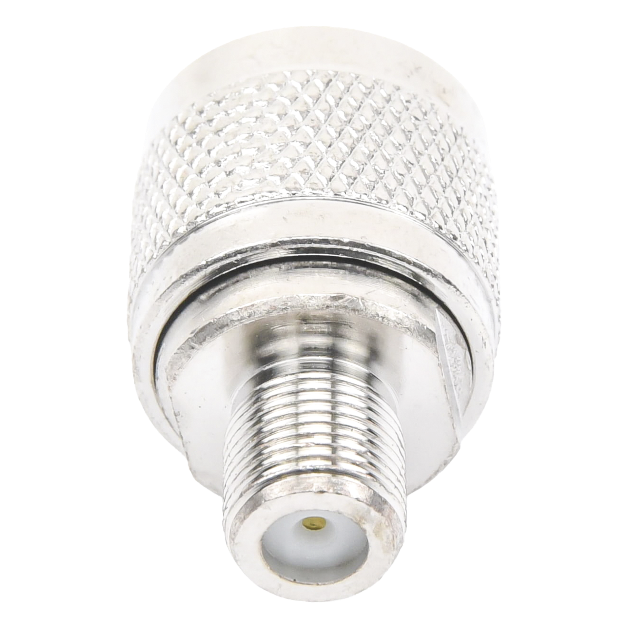 Adaptador Coaxial RF / N Macho a F Hembra / Montaje en Línea / Bronce Niquelado / Contacto Oro / Teflón / -20℃ a 80℃
