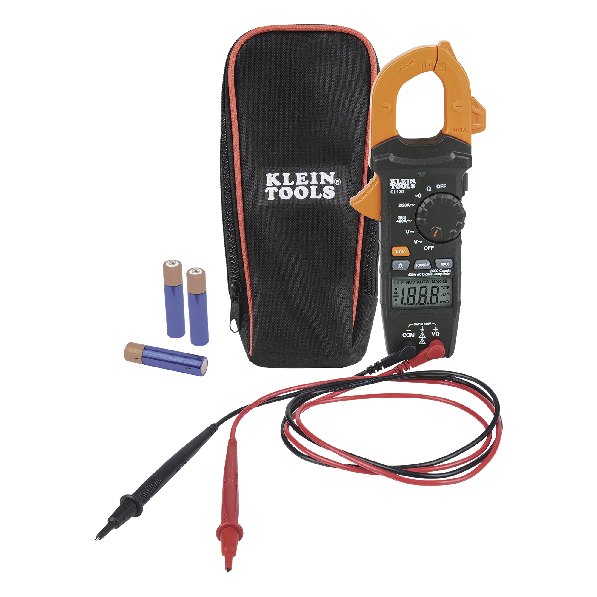 Amperímetro Digital de Gancho / 400 A CA / Rango Automático / NCVT Integrado / CAT III 600 V / Resistente a Caídas 2 m (6.6 ft) — KLEIN TOOLS · SKU CL-120
