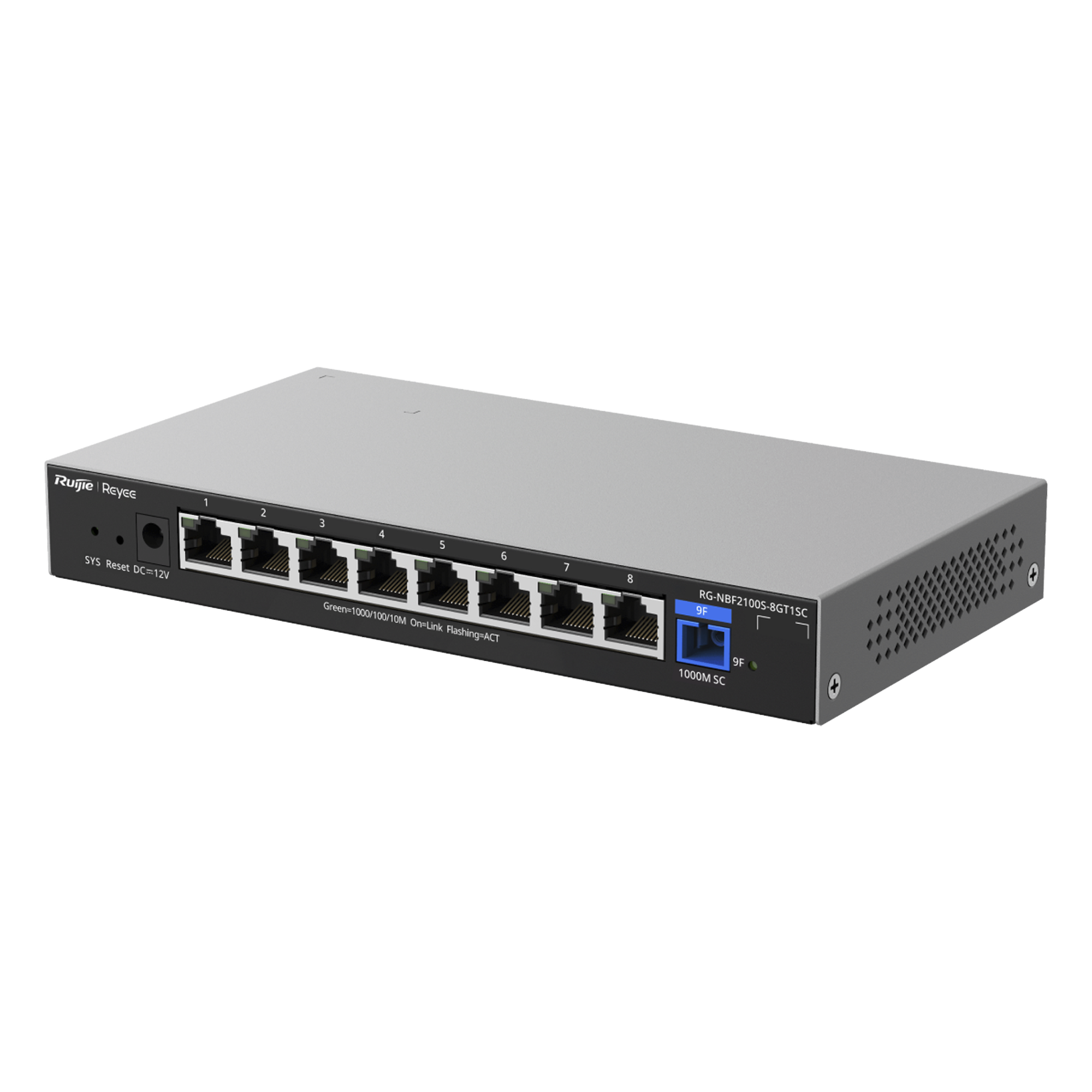 ONU/Switch Híbrido / 1 Puerto PON 1G SC/UPC / 8 Puertos Ethernet 1G / 18 Gbps / 100 Clientes / 7.95 x 4.25 x 1.10 in — RUIJIE · SKU RG-NBF2100S-8GT1SC