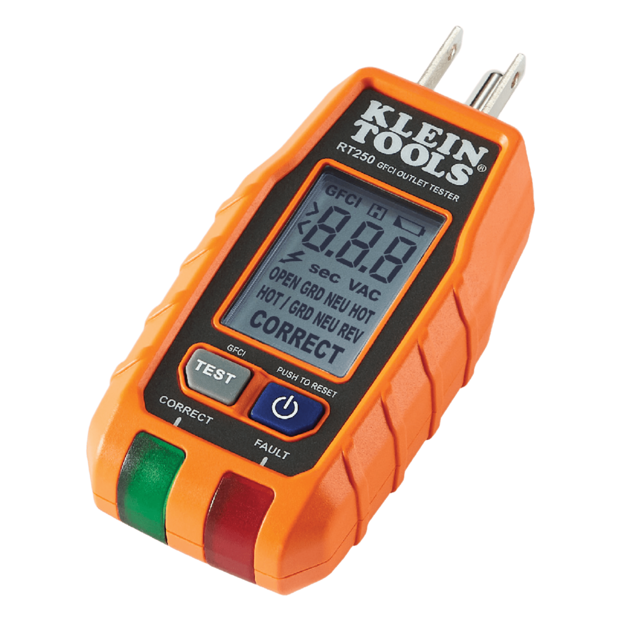 Probador de Tomacorrientes GFCI / Pantalla LCD Retroiluminada / Detección de Fallas de Cableado / CAT II 135 VCA / Resistente a Caídas de 2 m (6.6 ft) / 114.3 mm — KLEIN TOOLS · SKU RT-250