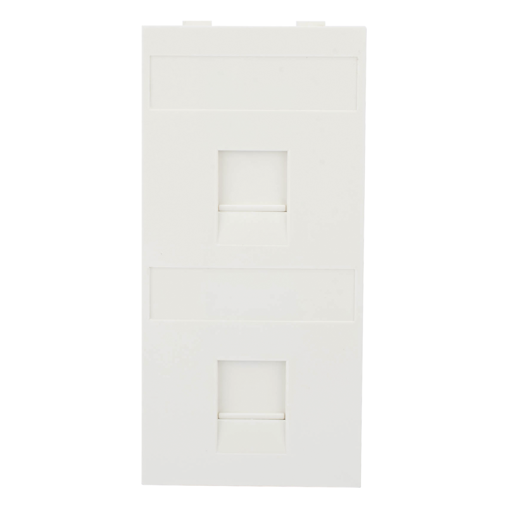 Placa Plana de Voz y Datos / Guardapolvo Integrado / 2 Puertos Keystone / Perfil 5 mm / 108 × 52 mm / 4.25 × 2.05 pulgadas / Color Blanco — SIMON · SKU SM-FP-2-KEY