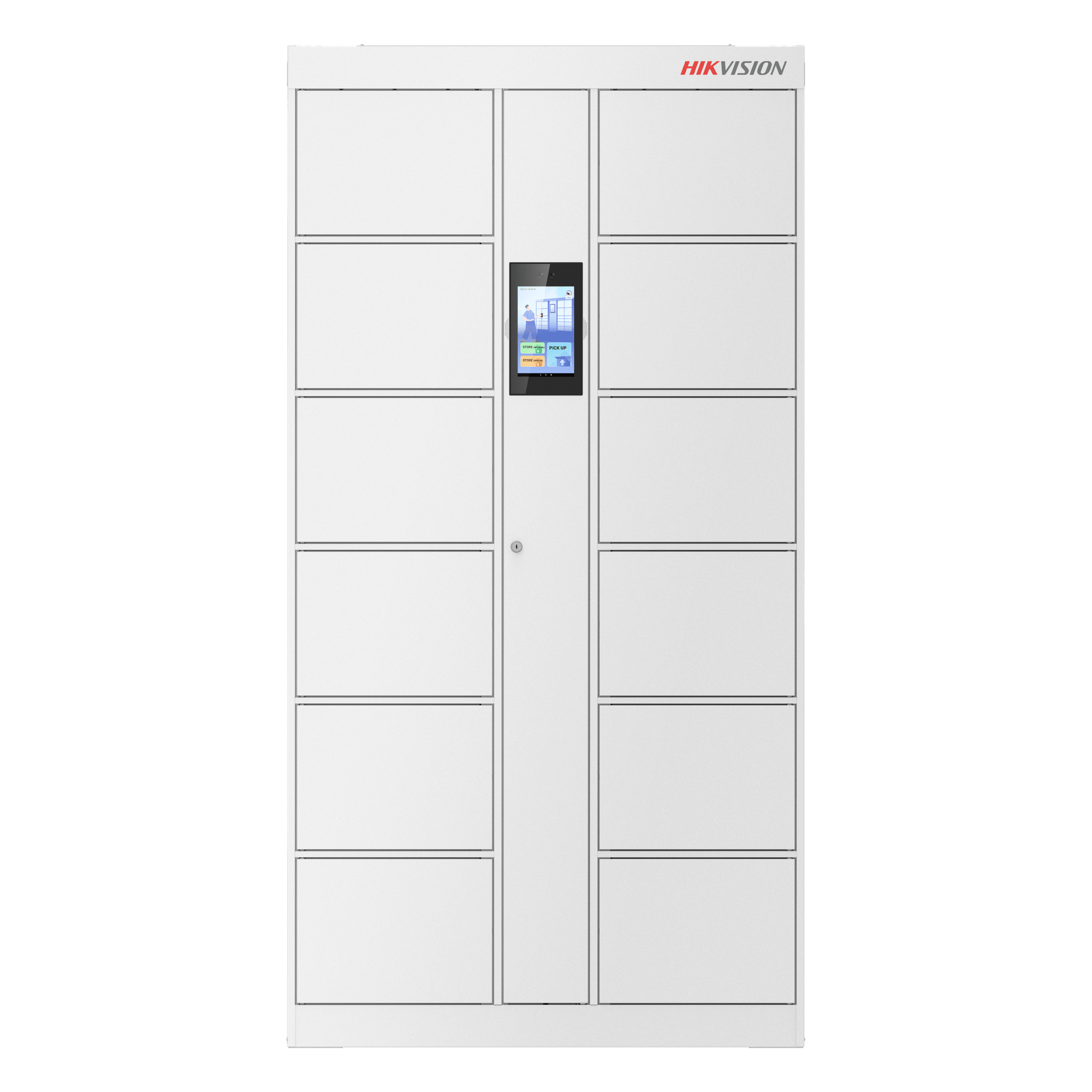 Locker Inteligente / 12 Espacios / Expansión 16 Lockers / Reconocimiento Facial 20,000 Rostros / Pantalla Táctil 8" / TCP-IP y RS485 / Interior — HIKVISION · SKU DS-KLM28-12