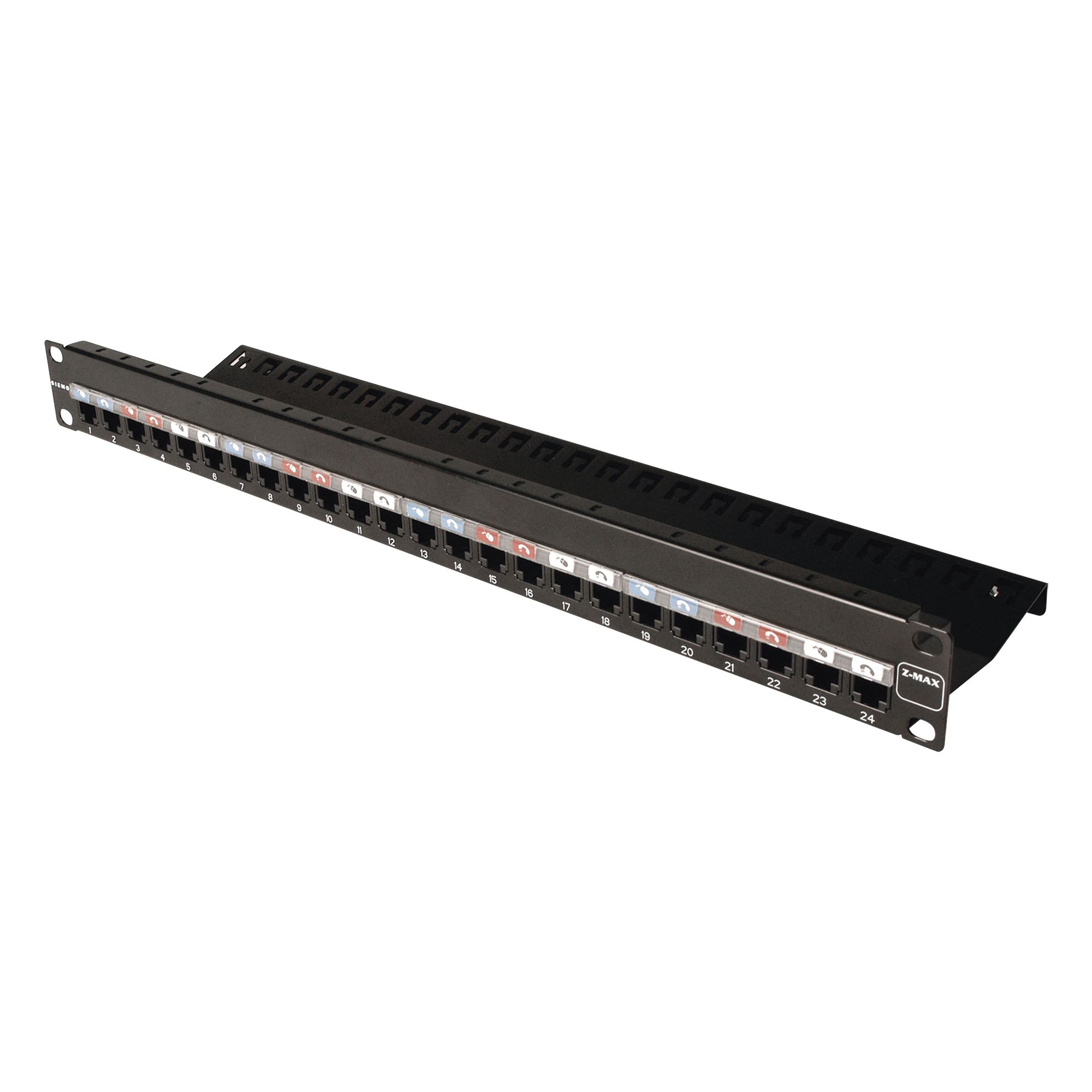 Patch Panel / 24 Puertos / Modular Vacío / Plano / 1UR / Cat 6A Blindado / Acero Negro — SIEMON · SKU Z-PNL-24E