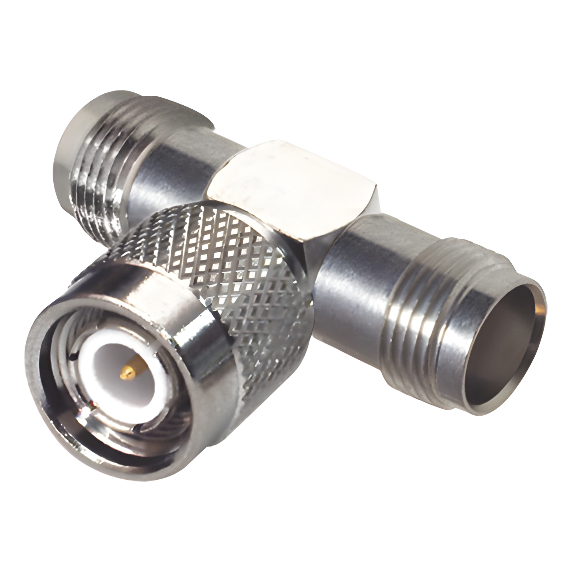 Adaptador RF en T / TNC Macho a Doble TNC Hembra / 50 Ohm / Bronce Niquelado / Contacto Oro / Aislante Teflón — RF INDUSTRIES,LTD · SKU RFT-1228