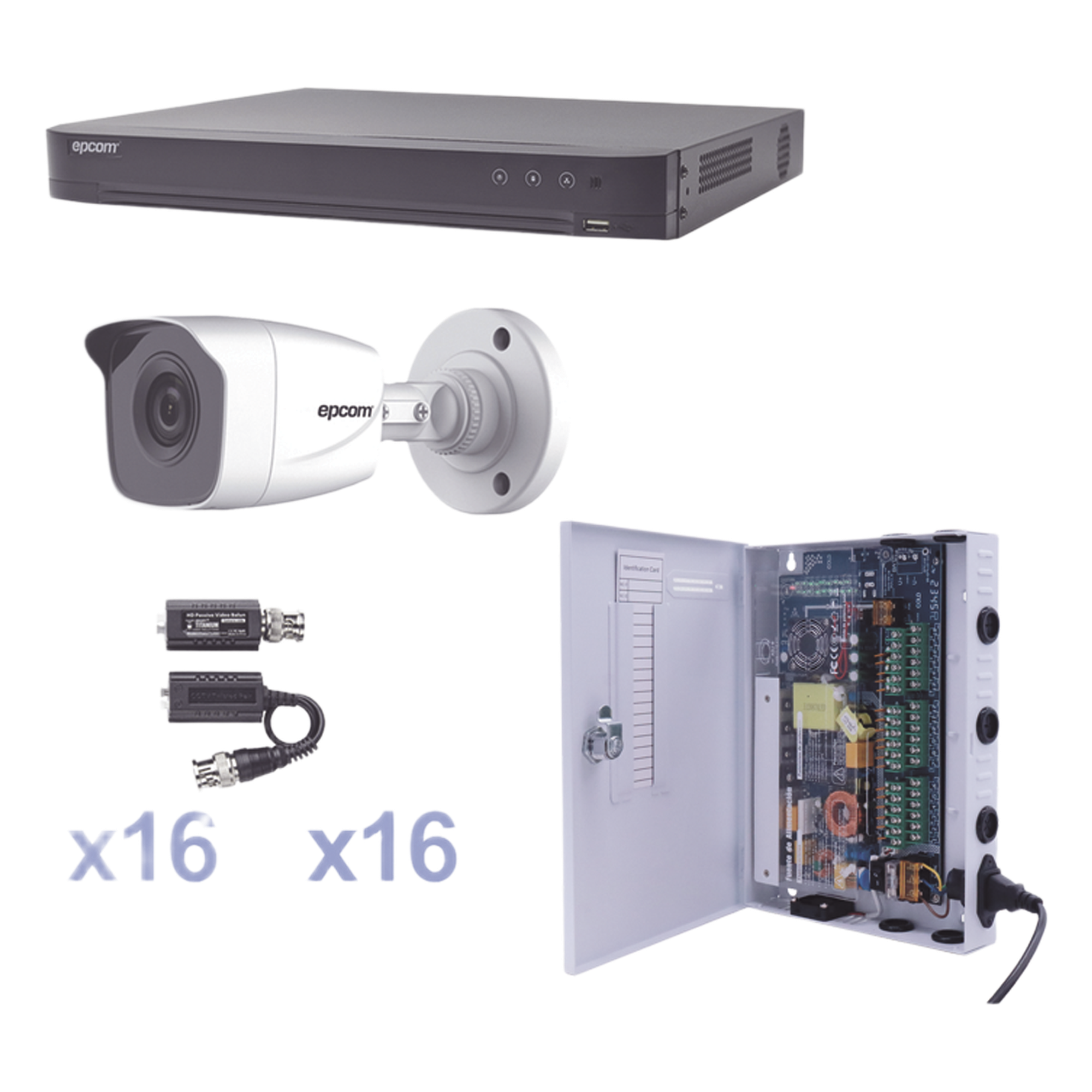 KIT TurboHD 1080p / DVR 16 Canales / 16 Cámaras Bala (exterior 2.8 mm) / Transceptores / Conectores / Fuente de Poder Profesional