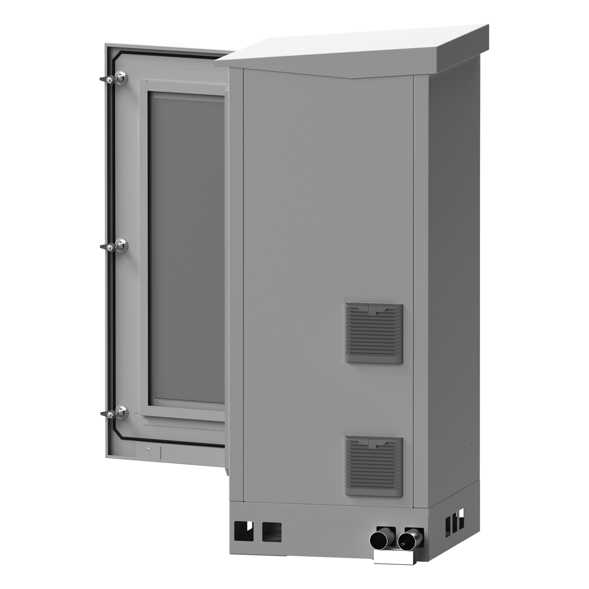 Gabinete de Piso Exterior / Rack 19" 16 U / Ventiladores con Termostato / IP-54 / Espacio para 2 Baterías / 110 VCA / 600 x 1429 x 5 mm