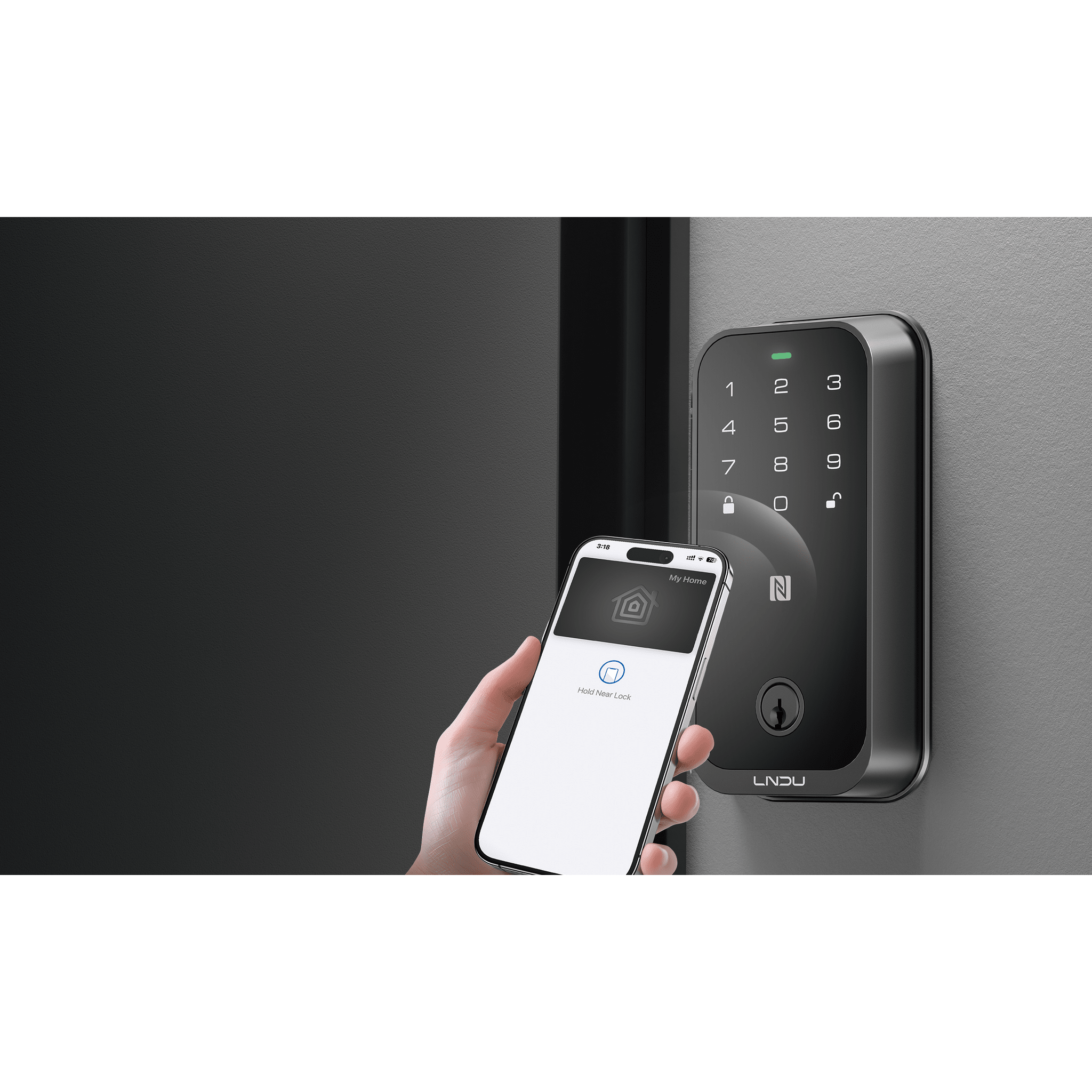 Cerradura Inteligente con Huella Digital LNDU HK01W / WiFi Integrado / Compatible Apple HomeKit / Teclado Táctil / 8 Baterías AA / Escaneo iPhone-Apple Watch-Fob / Bloqueo Manual y Automático / Exterior IP54