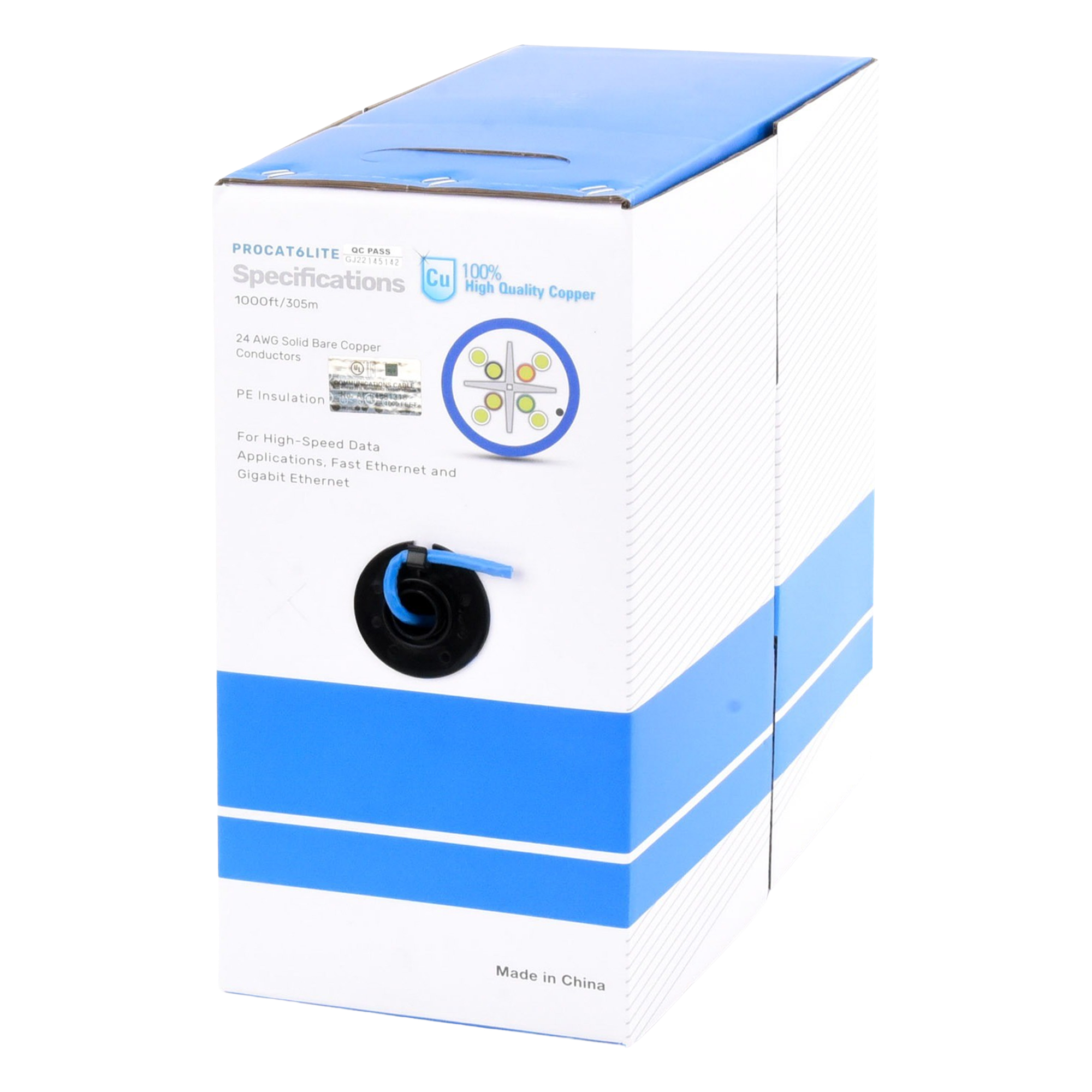 Bobina de Cable Cat6 / 305 m (1000 ft) / 24 AWG / CM / 250 MHz / UTP / Azul — LINKEDPRO BY EPCOM · SKU PRO-CAT-6-LITE