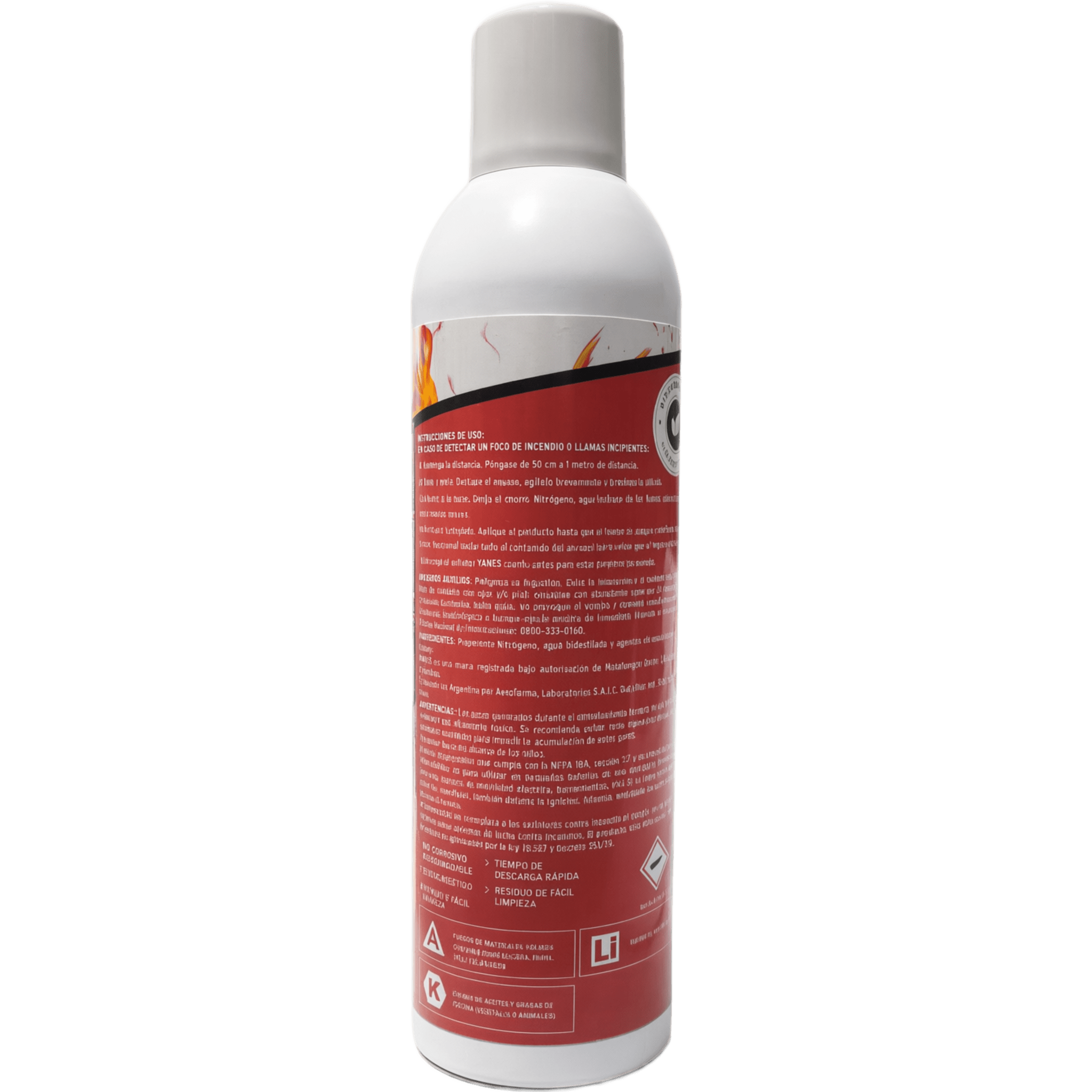 Extintor Aerosol Portátil / 250 ml / Descarga 35 s / Alcance 2 m (6.6 ft) / Clases A, K y Li / Sin Flúor ni PFAS
