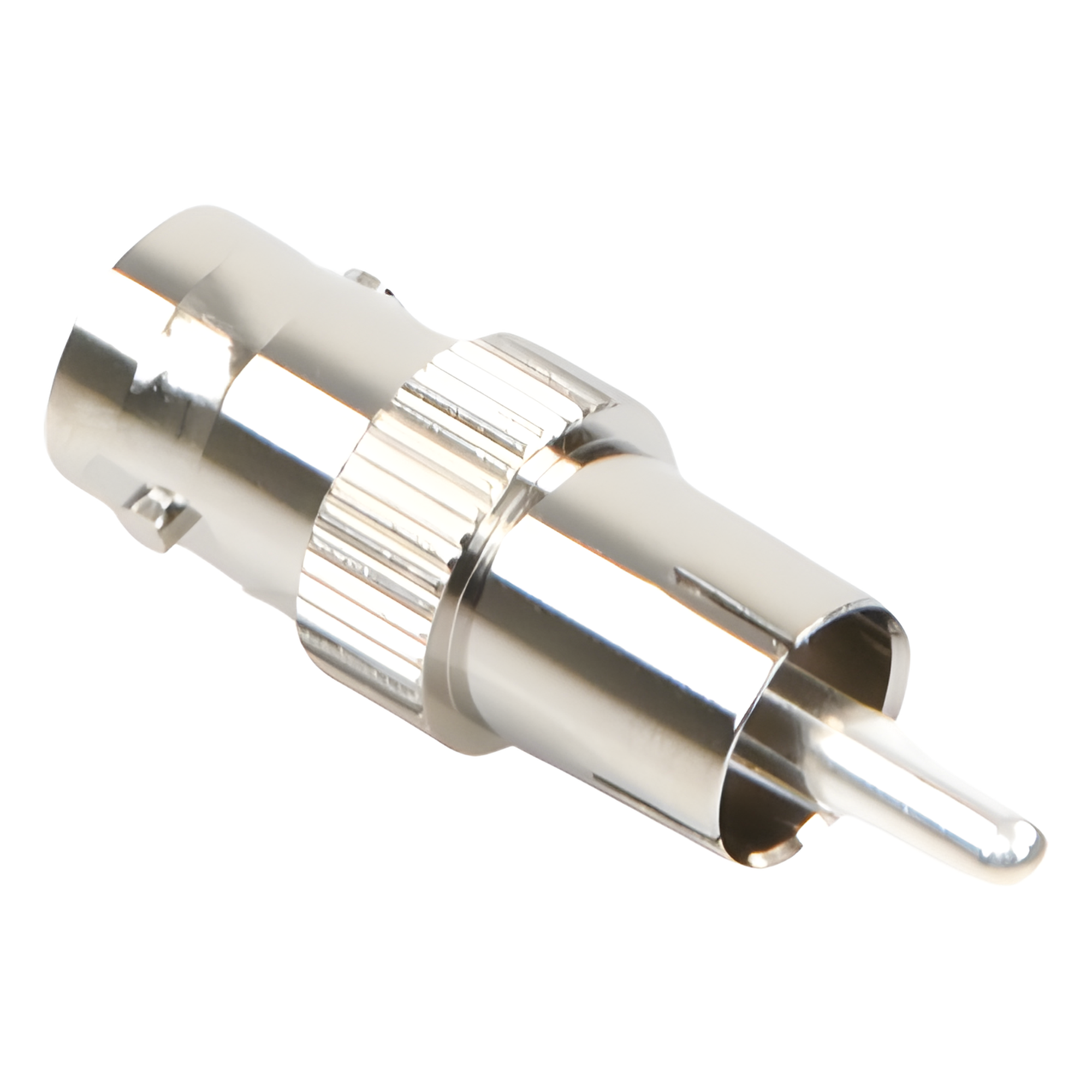 Adaptador Coaxial / BNC Hembra a RCA Macho / 50 Ohm / En Línea / Níquel-Plata-Delrin