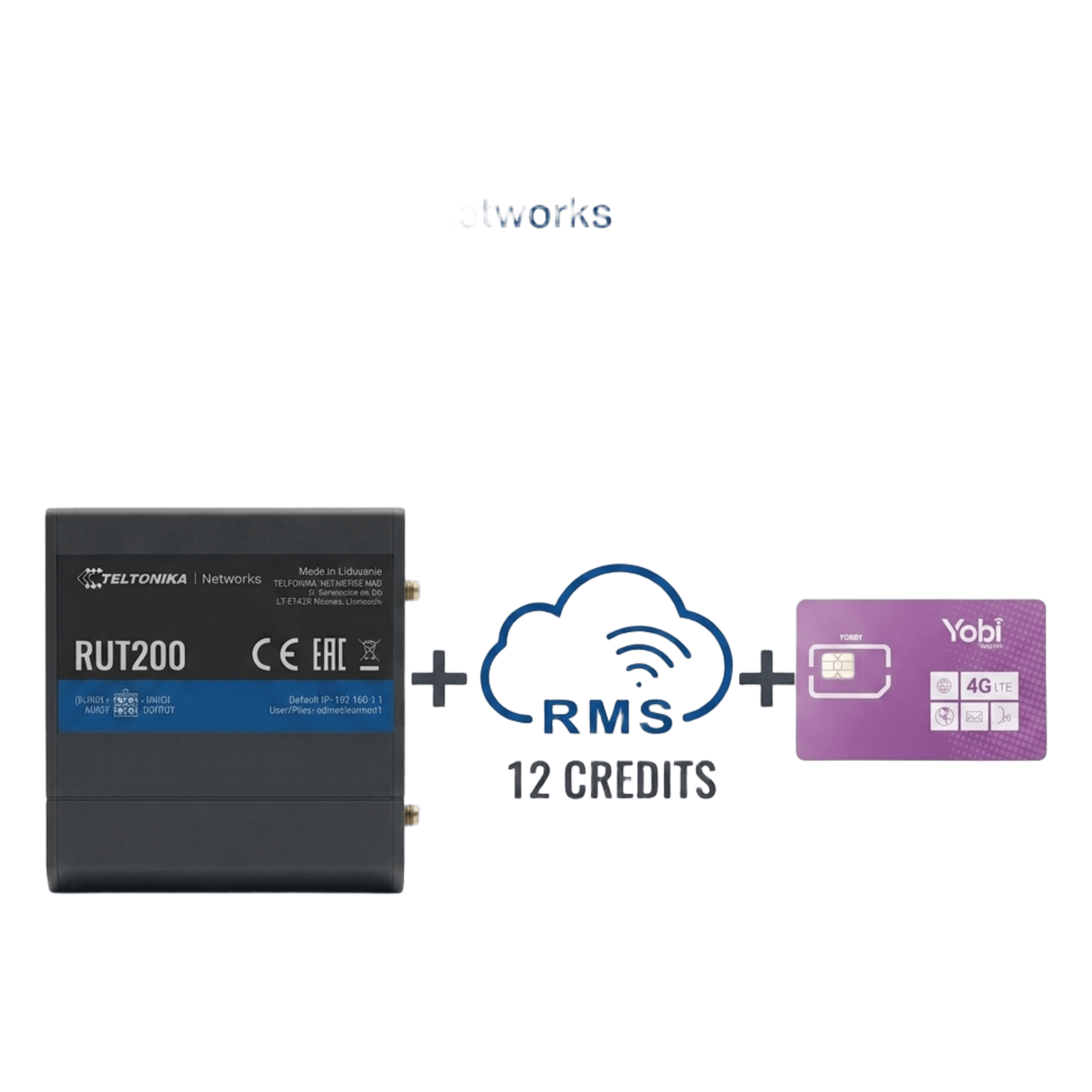 Router Industrial 4G LTE / Cat 4 150 Mbps / Wi-Fi 2.4 GHz / Operación -40°C a 75°C / Gestión RMS / Kit IoT con Datos Anuales — TELTONIKA · SKU RUT200+1YRMS+1GBYOBI