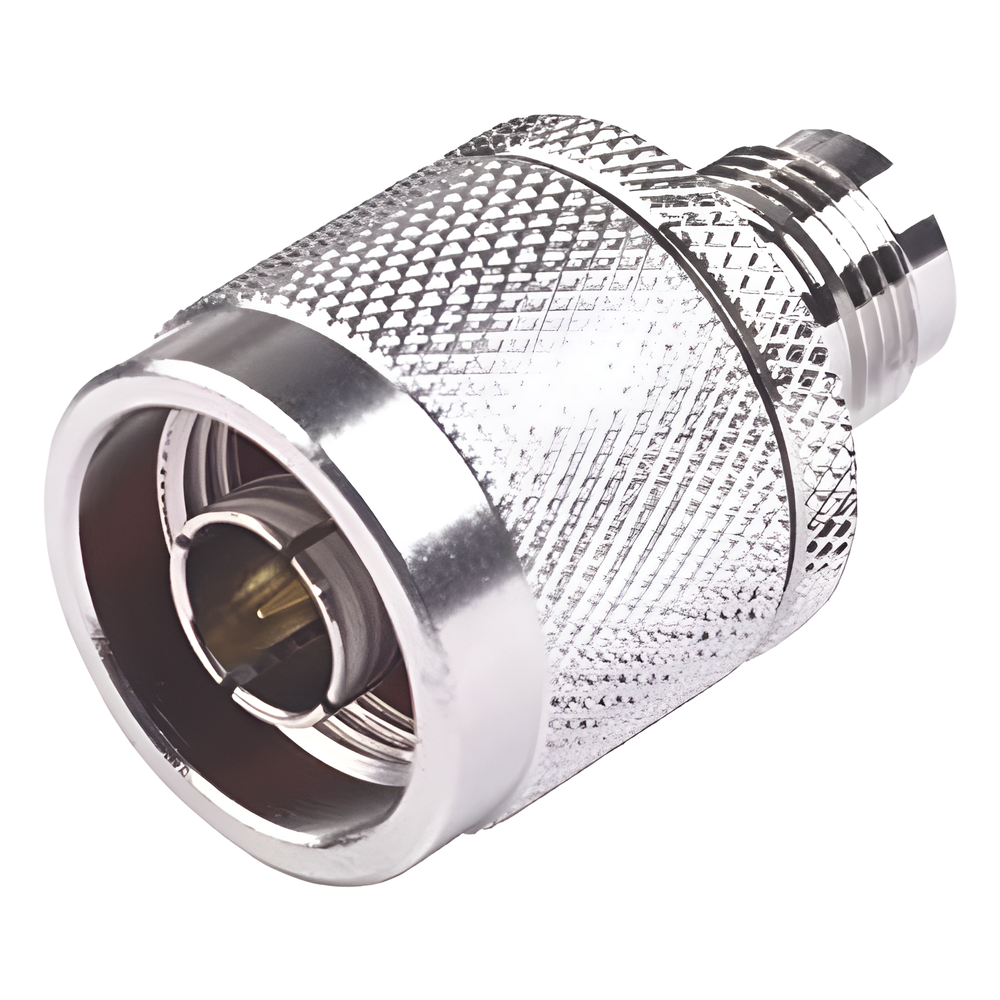 Adaptador RF en Línea / TNC Hembra a N Macho / Cuerpo Bronce Niquelado / Contacto Oro / Aislante Teflón