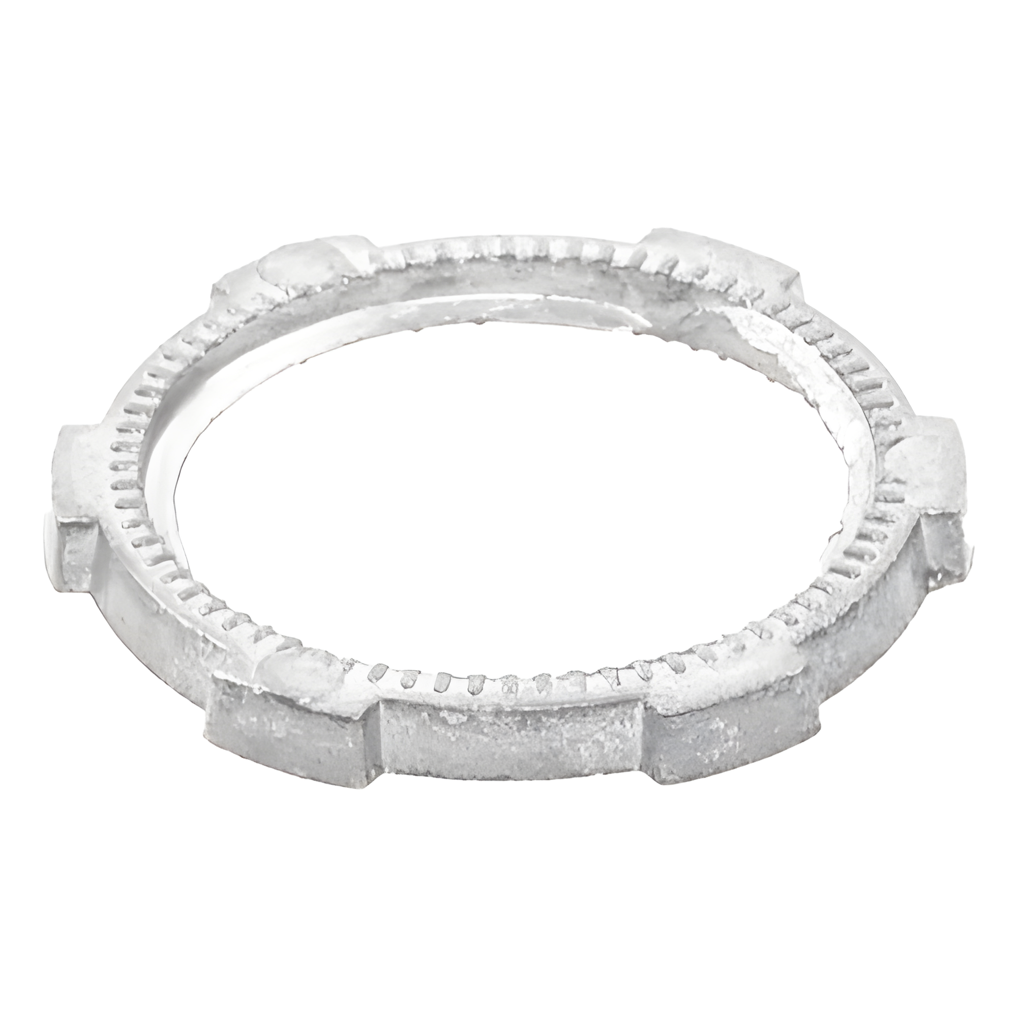 Contratuerca Metálica / Zamac 51 mm (2") / Diámetro 74 mm / Estrías para Continuidad de Tierra / Acabado Zinc Bruñido — ANCLO · SKU ANC-CT200