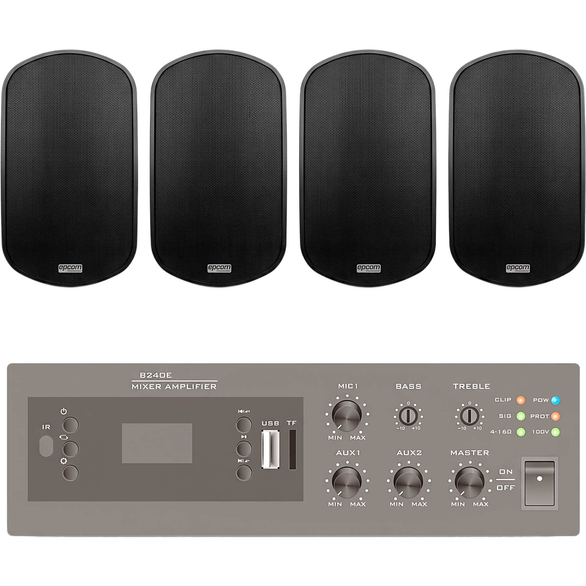 Kit de Audio para Instalación / Amplificador 240W / 4 Altavoces de Pared 2 Vías / Sistema 70/100V / Bluetooth / USB / FM — EPCOM PROAUDIO · SKU EPB240E/4WS50
