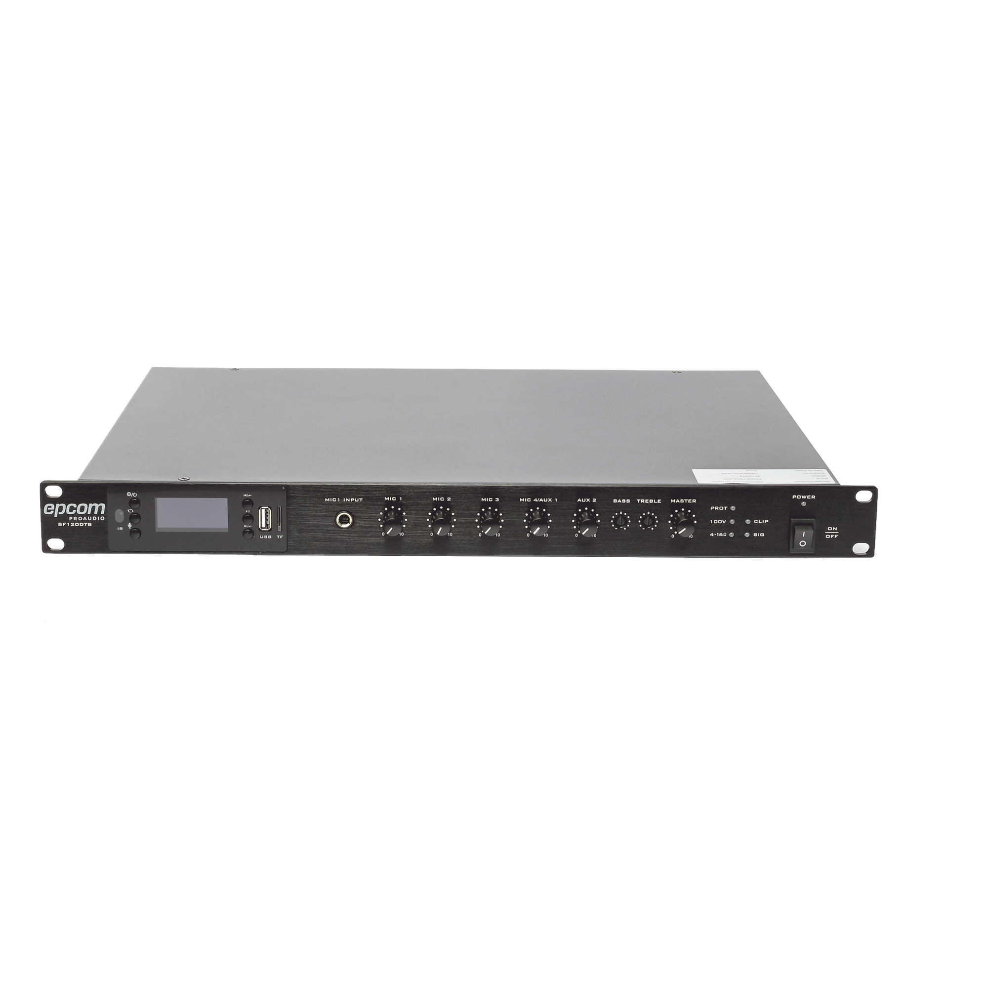 Amplificador Mezclador / 120W RMS / Salidas 100V y 4-16Ω / Bluetooth / MP3 / Tuner FM / Montaje Rack 1U — EPCOM PROAUDIO · SKU SF-120DTB