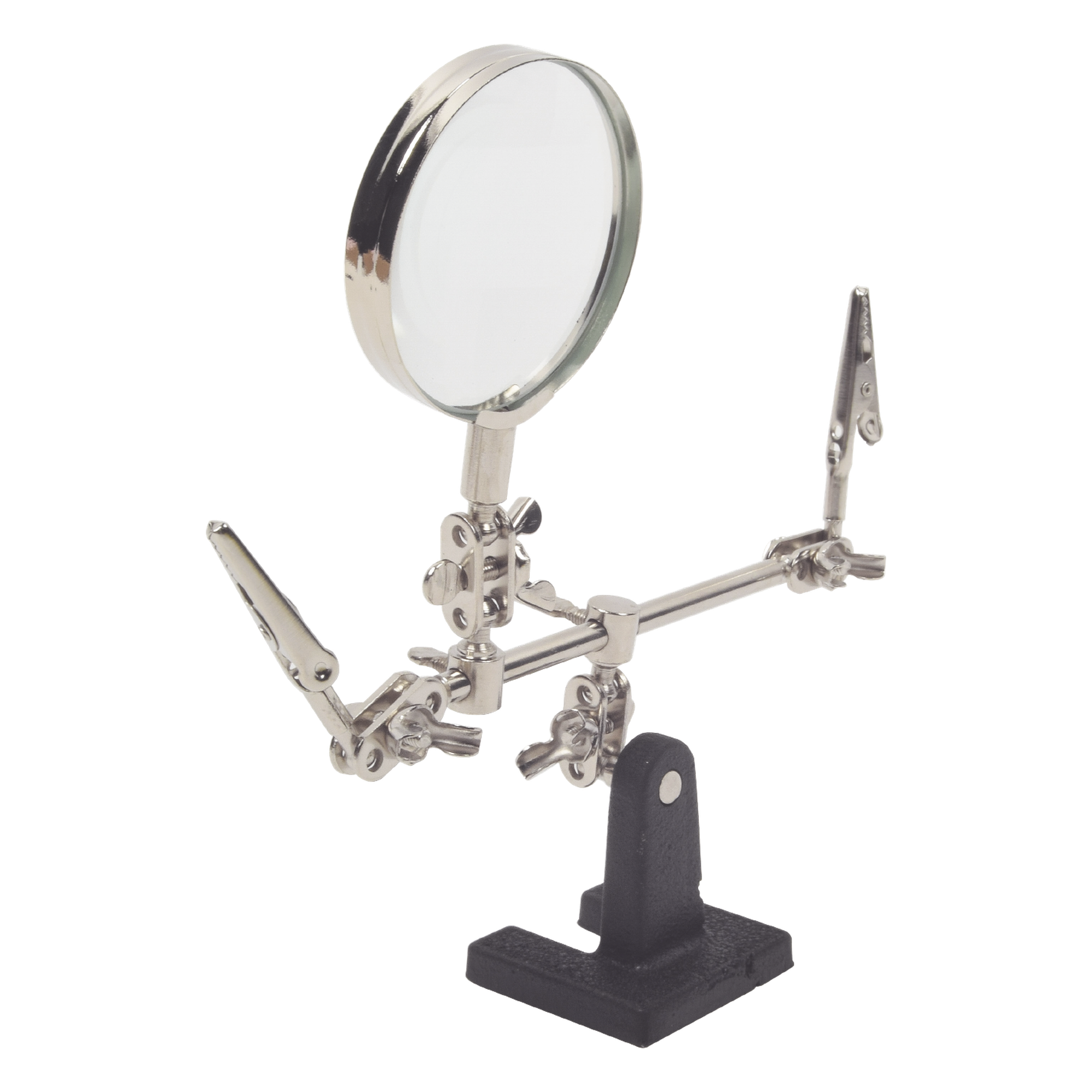 Soporte con lupa y brazos con clip / Lupa 6.2 cm / Aumento 3x / Base hierro fundido / 289 g / 14 x 8 cm (5.5 x 3.1 pulgadas)