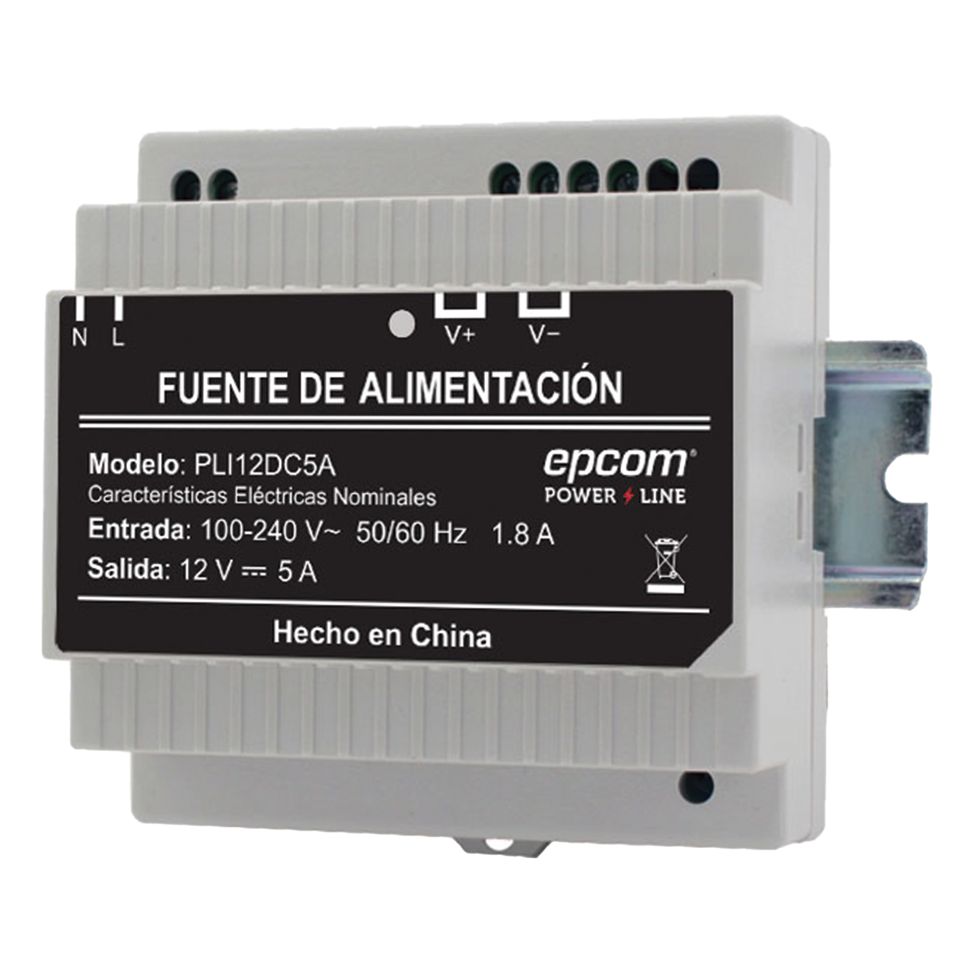 Fuente Industrial / Entrada 100-240 VCA / Salida 11.2-14.2 VCC / 5 A / Eficiencia >83% / -20°C a 45°C / 97x87x54.5 mm — EPCOM POWERLINE · SKU PLI-12-DC-5A