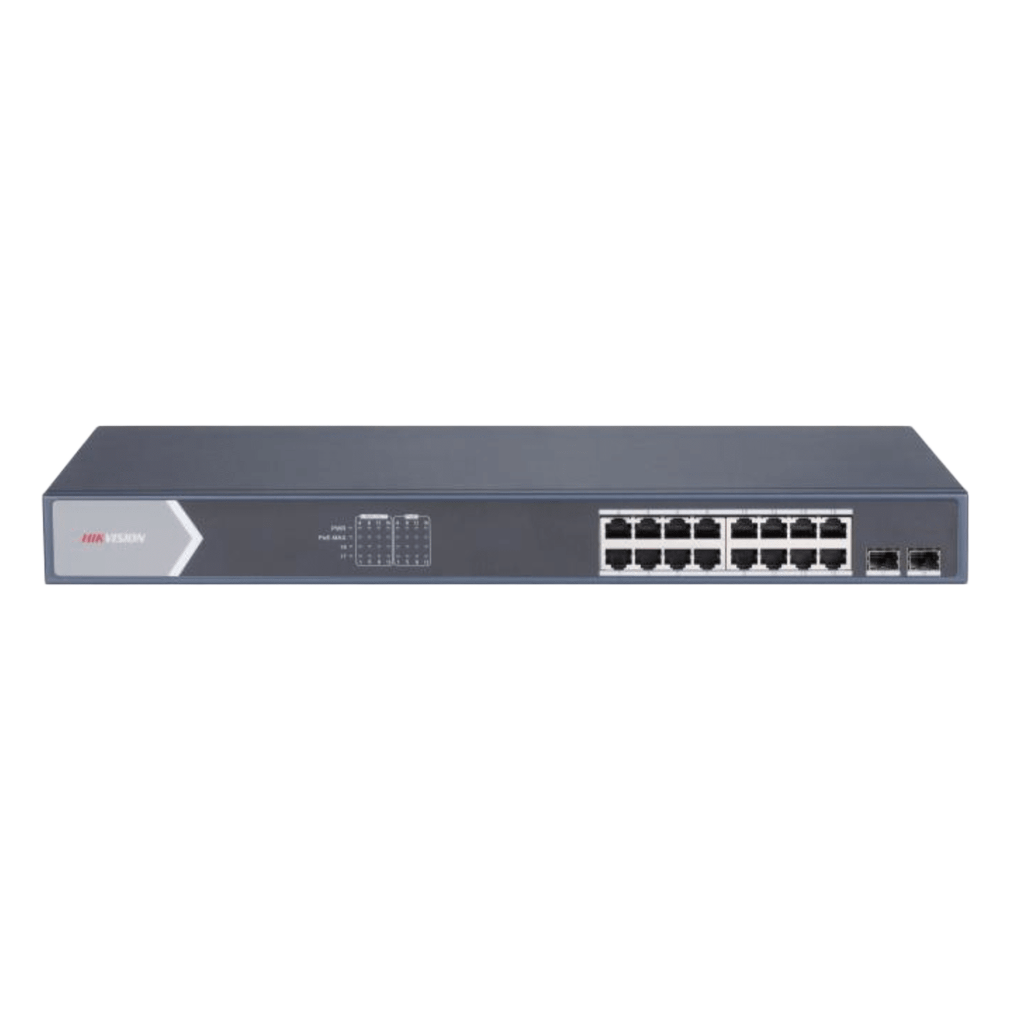 Switch PoE+ Administrable / 16 Puertos Gigabit / 2 Puertos SFP / Alcance Extendido 300 m (984.3 ft) / 225 W / Gestión Web y Nube — HIKVISION · SKU DS-3E1518P-SI