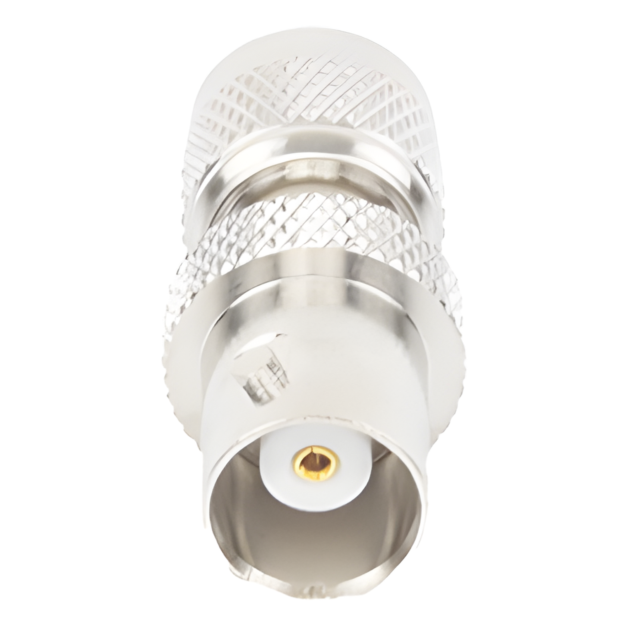 Adaptador de Conector / Mini UHF Macho a BNC Hembra / Montaje en Línea / Cuerpo Bronce Niquelado / Contacto Oro / Aislante Teflón