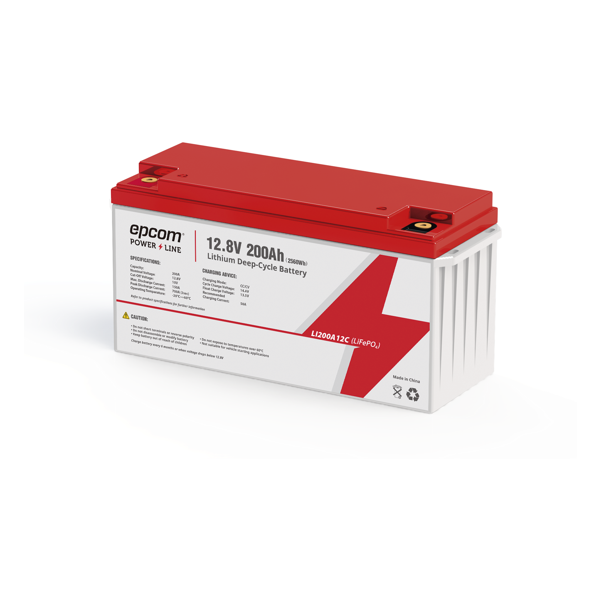 Batería LiFePO4 / 12.8 Vcc / 200 Ah / 200 A Descarga / Celdas Cilíndricas / -20°C a +60°C — EPCOM POWERLINE · SKU LI200A12CV