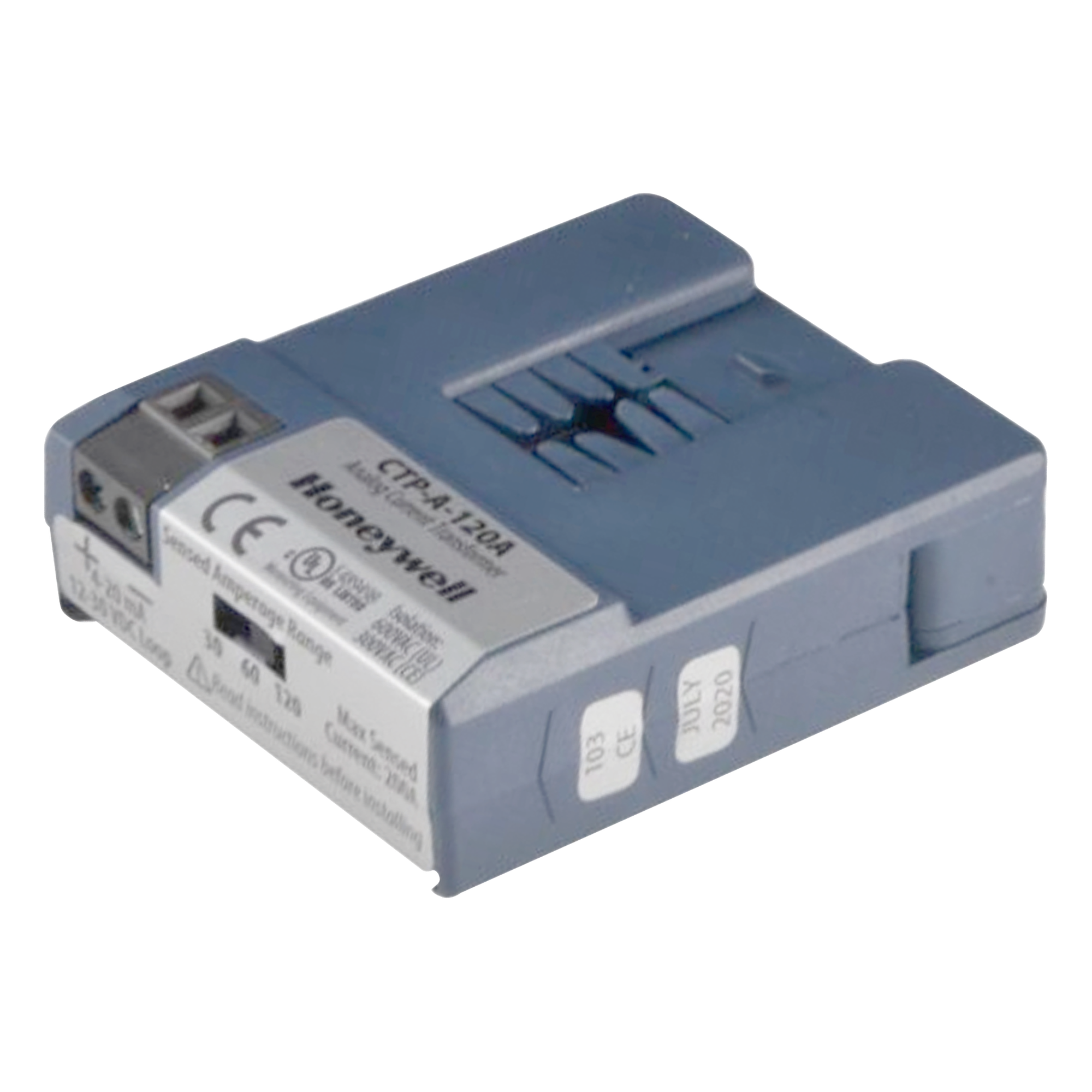 Transductor de Corriente de Núcleo Dividido / Salida 4-20 mA / Rangos Seleccionables 30/60/120 A / Alimentación por Bucle 12-30 VDC / Montaje en Riel DIN — HONEYWELL BMS · SKU CTP-A-120A