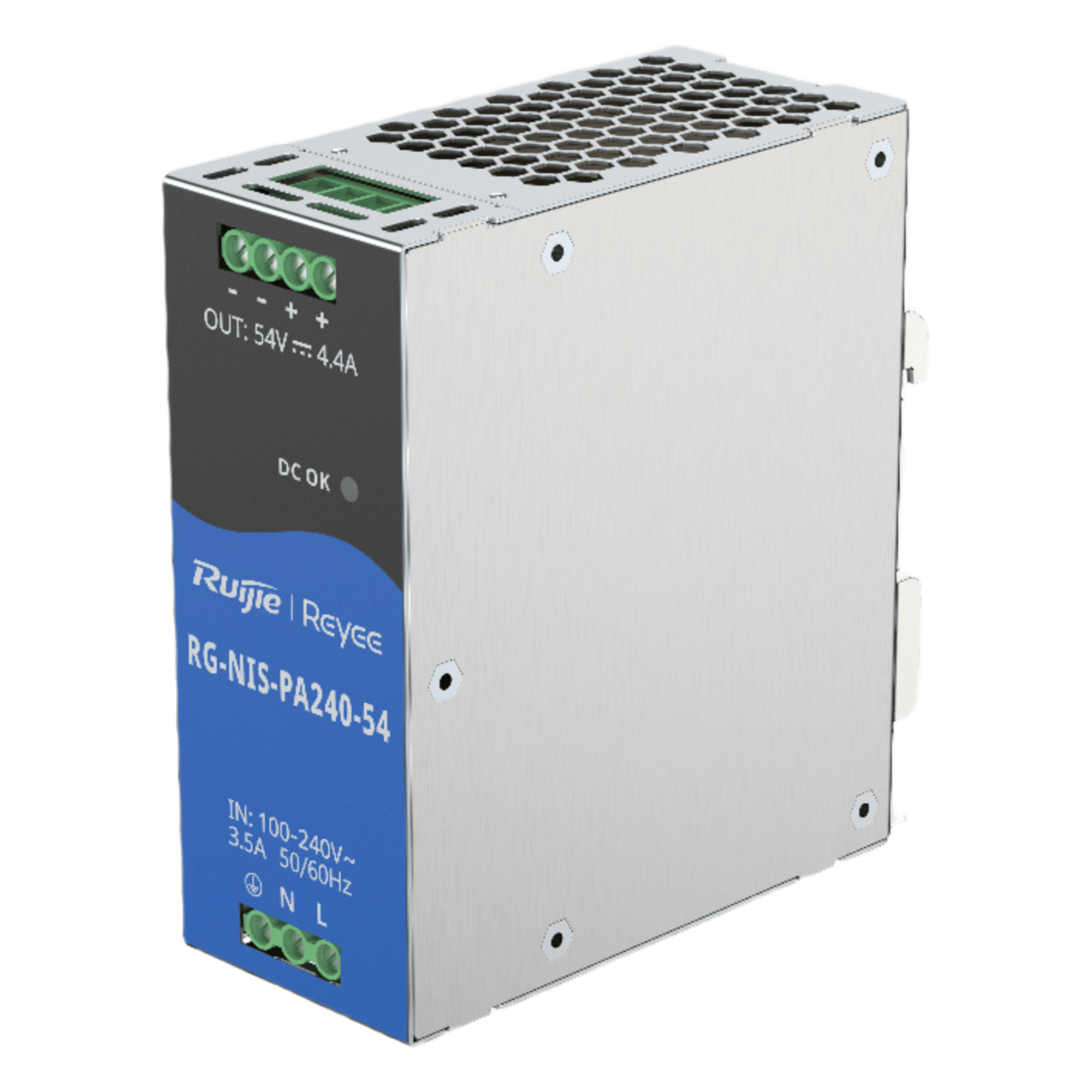 Fuente de Alimentación AC/DC / 240W / Montaje DIN-RAIL / Eficiencia 90% / Protección Sobrecarga y Cortocircuito / Diseño Industrial Compacto — RUIJIE · SKU RG-NIS-PA240-54