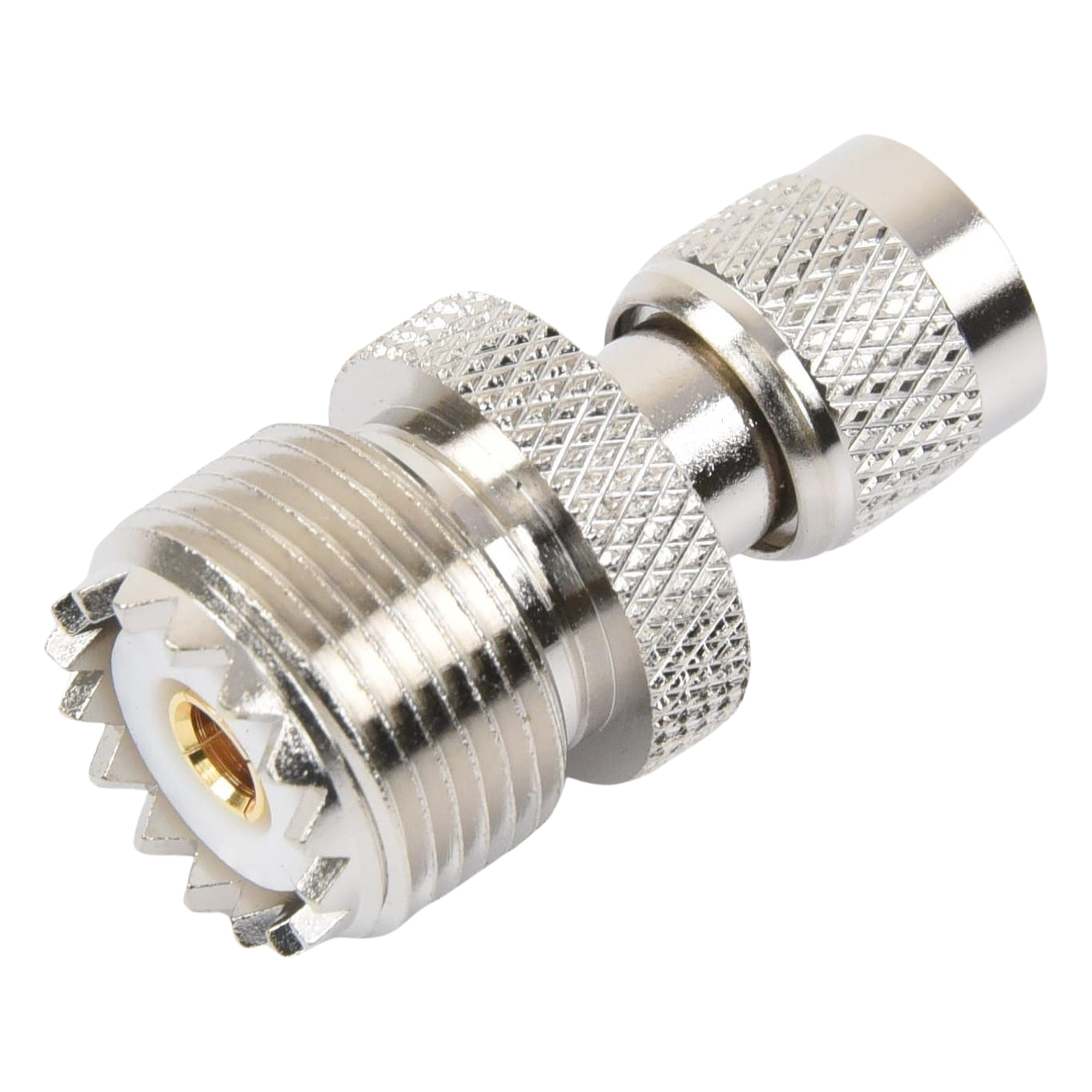 Adaptador Coaxial en Línea / Mini UHF Macho a UHF Hembra (SO-239) / Cuerpo Níquel / Contacto Oro / Aislante Teflón