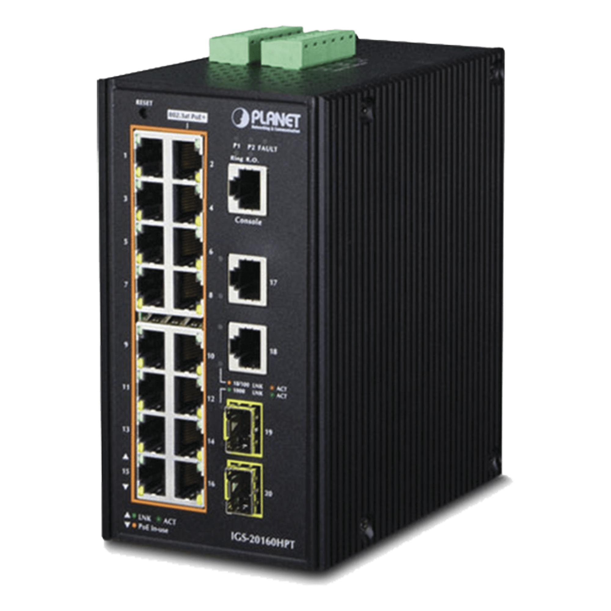Switch Industrial Administrable / 16 Puertos PoE+ Gigabit / 2 Puertos Gigabit / 2 Puertos SFP / IP30 / -40 a 75°C — PLANET · SKU IGS-20160HPT