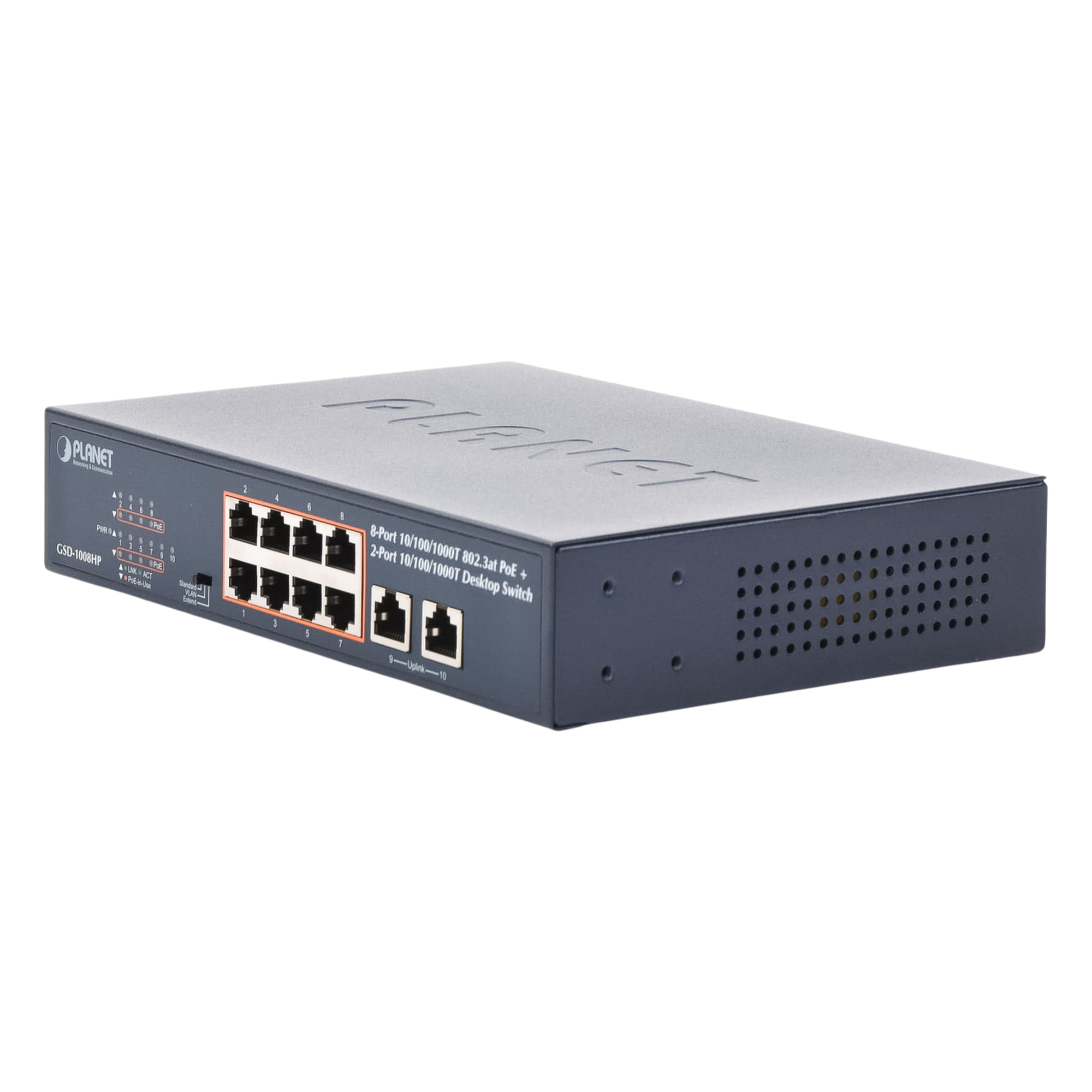 Switch PoE+ / 8 Puertos Gigabit 802.3at / 2 Puertos Uplink / Presupuesto PoE 120 W / Alcance Extendido 250 m (820.2 ft) / Rackeable 1U