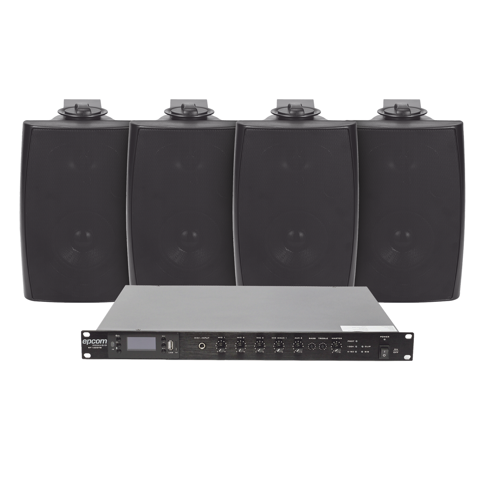 Kit de Amplificador de Audio para Rack / 120W RMS / Salida 100V/4Ω / 4 Altavoces de Pared / Sistema 70/100V / Bluetooth-MP3-Tuner — EPCOM PROAUDIO · SKU SF120DTB/4WS
