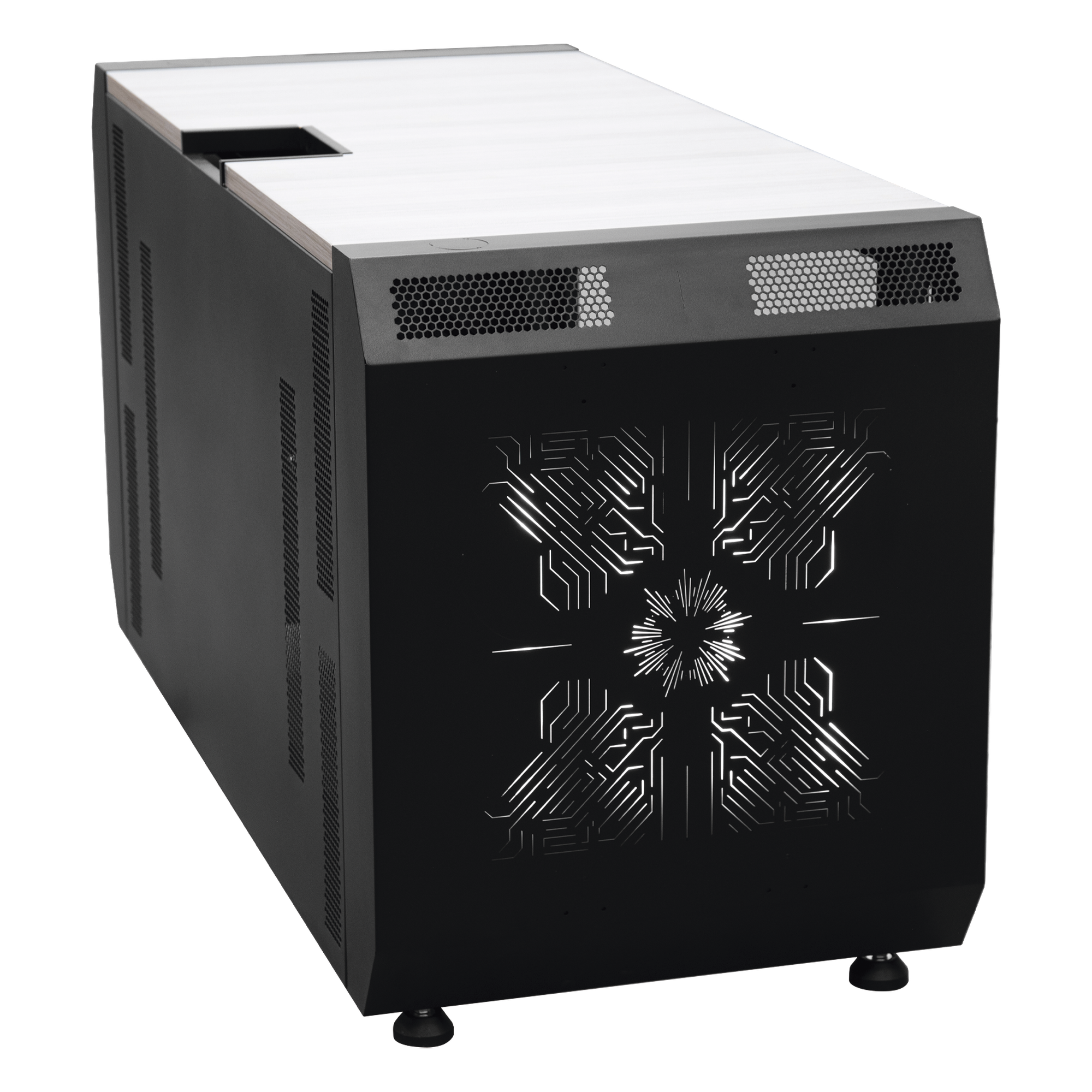 Consola Profesional para Monitoreo y Cómputo / Acero Laminado y Madera / Ranura para Base de Monitores / Tomacorriente 15A / Iluminación LED / 1.64 ft (0.5 m) de Profundidad