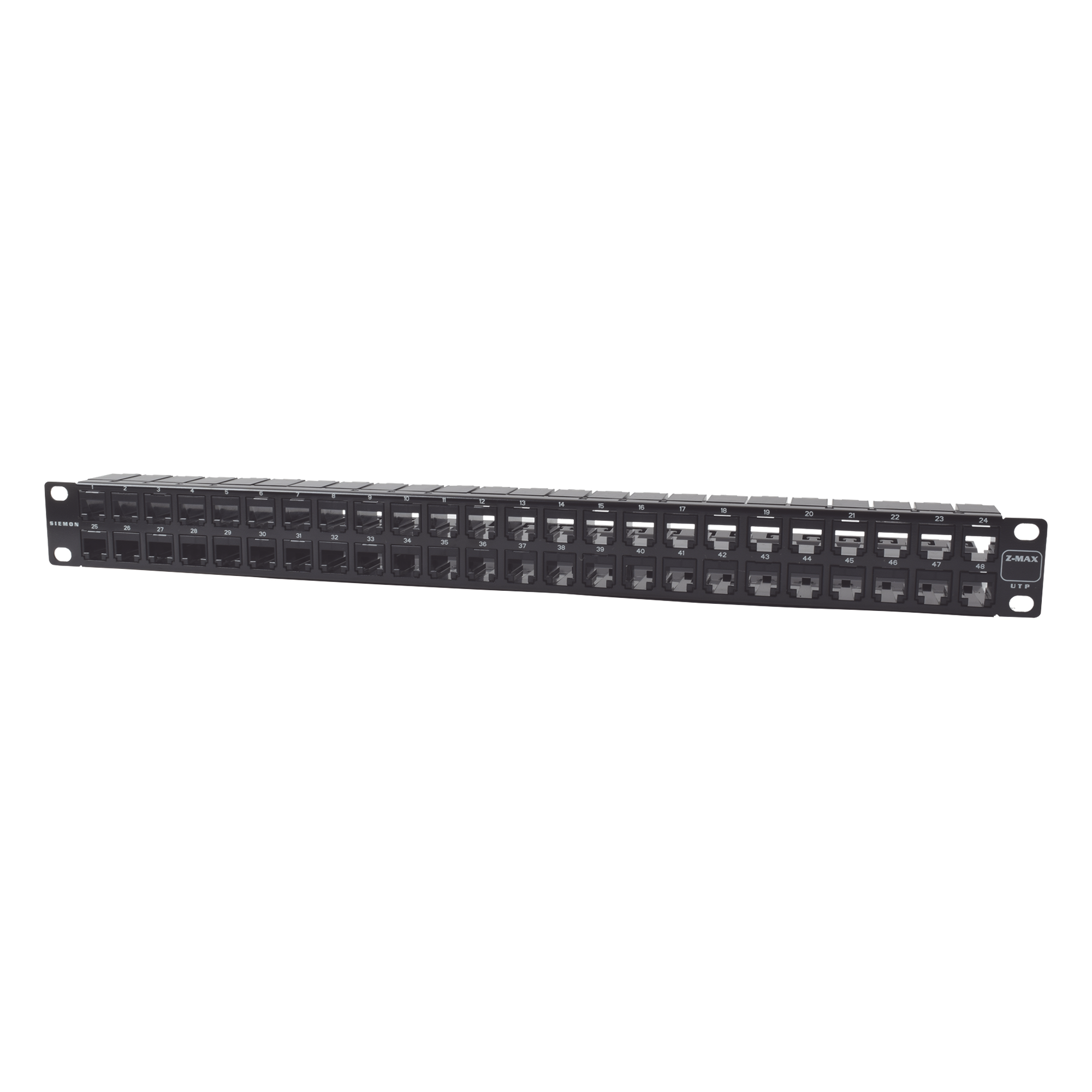 Patch Panel UTP / 48 Puertos Cat 6 / Plano 1UR / 19" Rack / Acero Negro / 4.3 x 19 x 1.7 in — SIEMON · SKU Z6-PNL-U48K