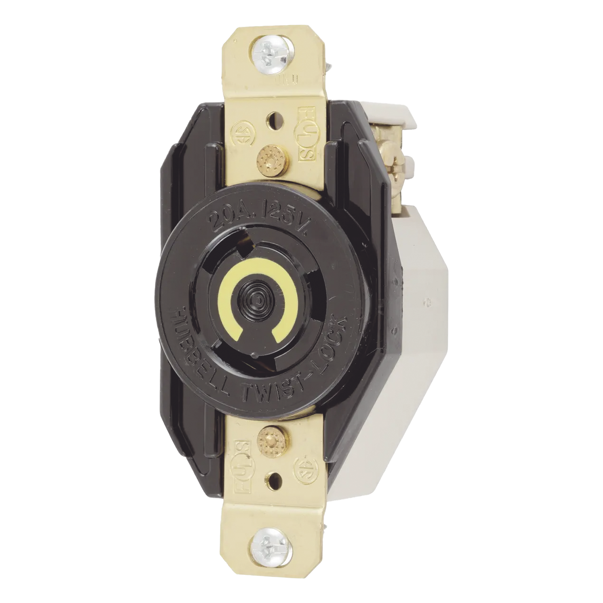 Receptáculo Industrial de Media Vuelta / 20 A / 125 V CA / 2 Polos 3 Hilos / NEMA L5-20R / 3.28" x 1.70" x 1.31" (83.3 x 43.2 x 33.3 mm) — HUBBELL · SKU HUB-HBL2310