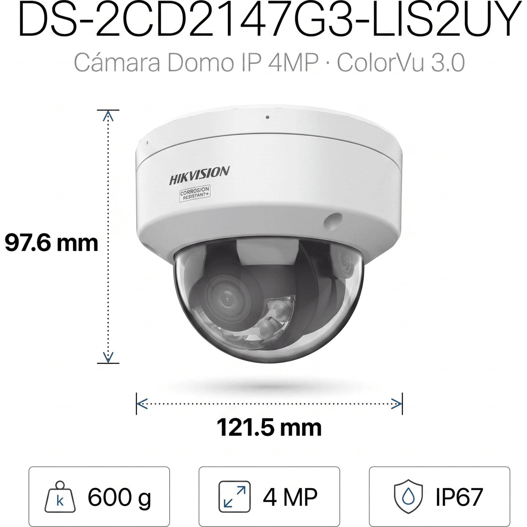 [Dual Light + ColorVu 3.0 + HikAI] Domo IP 4 Megapixel / Lente 2.8 mm / 30 mts IR + Luz Blanca / 2 Microfonos Integrados / Exterior IP67 / WDR 130 dB / ACUSENSE 3.0 / Metal / NEMA 4X / ACUSEEK