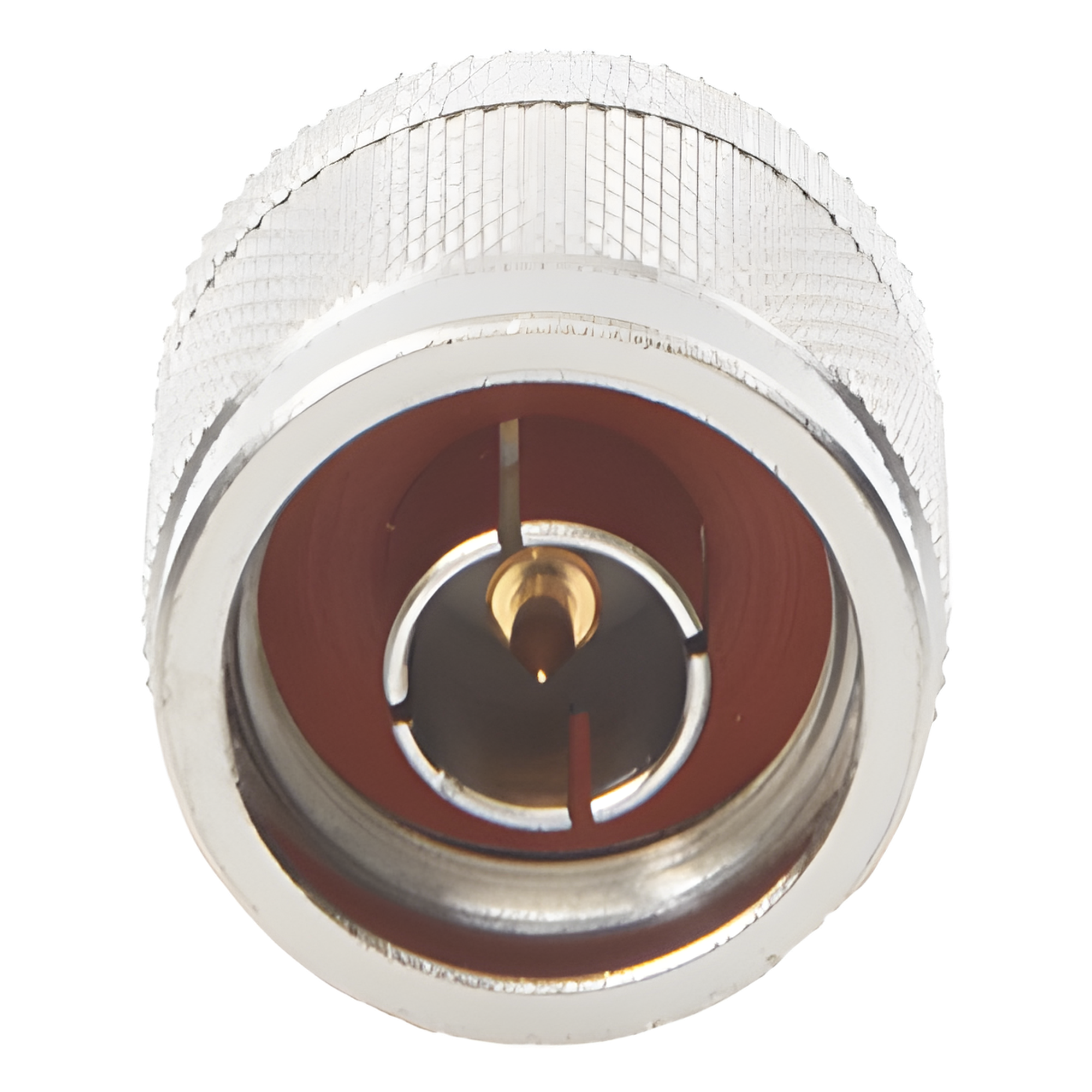 Adaptador Coaxial en Línea / Mini UHF Hembra a N Macho / Cuerpo Bronce Niquelado / Contacto Oro / Aislante Teflón
