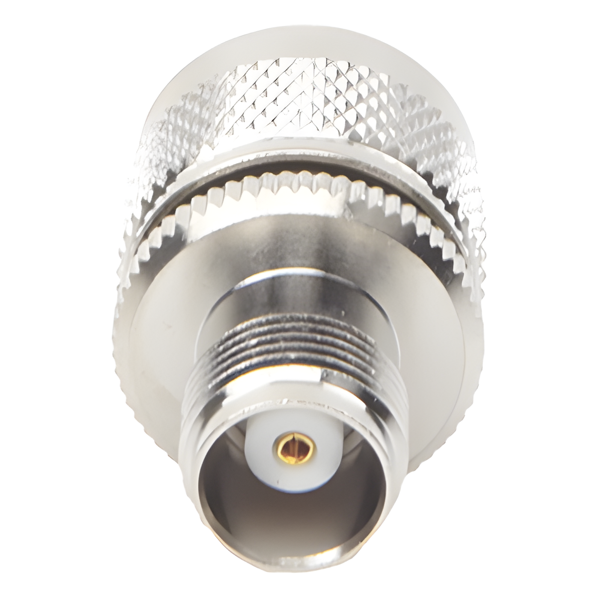 Adaptador de Conector RF / TNC Hembra a UHF Macho PL-259 / Montaje en Línea / Cuerpo Níquel / Contacto Oro / Aislante Teflón