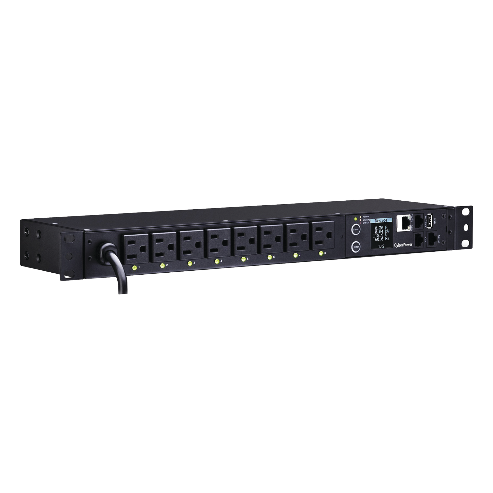 PDU Switchable / 8 Salidas NEMA 5-15R / Entrada 120 Vca NEMA 5-15P / Horizontal 19in / 1UR / Control Remoto por Red / Daisy Chain — CYBERPOWER · SKU PDU41001