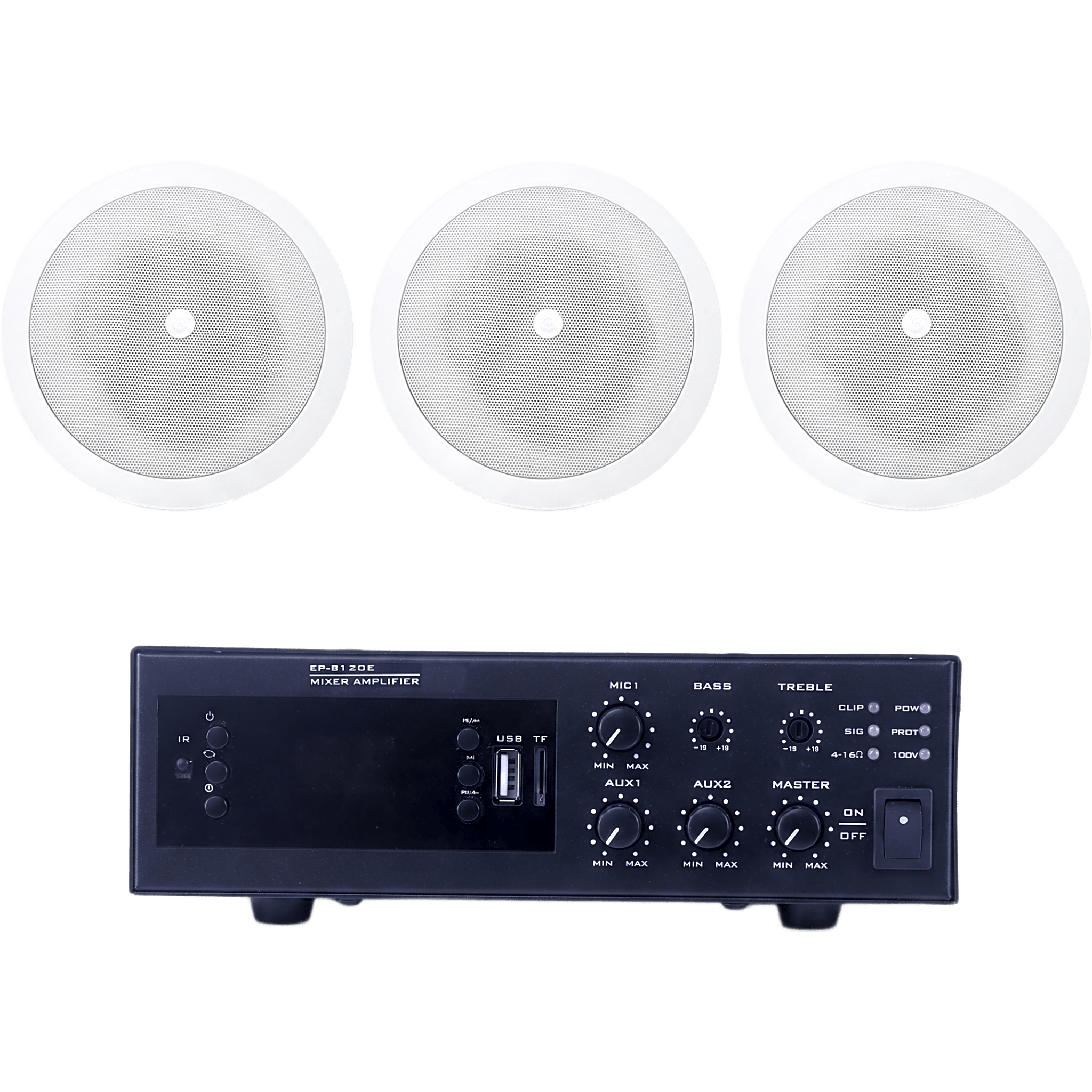Kit de Sonido Ambiental / Amplificador 120W / 3 Altavoces de Plafón 5" / Sistema 70/100V / Bluetooth y USB / Entrada XLR Phantom 48V — EPCOM PROAUDIO · SKU EPB120E/3CS