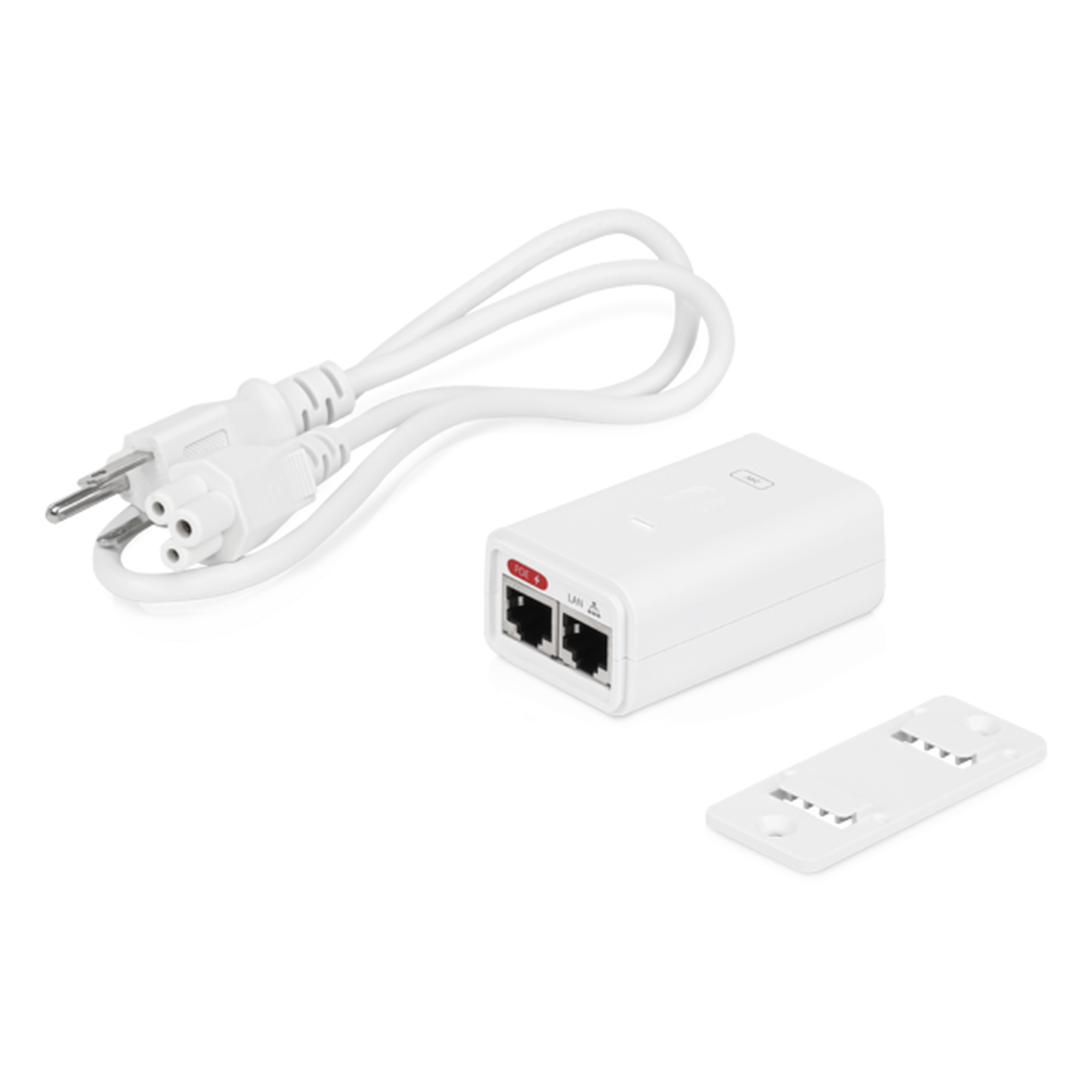 Adaptador PoE / Gigabit 10/100/1000 Mbps / 24 VDC 0.3 A / Protección ESD / 72 x 45 x 33 mm / Interior — UBIQUITI · SKU POE-24-7W-G-WH