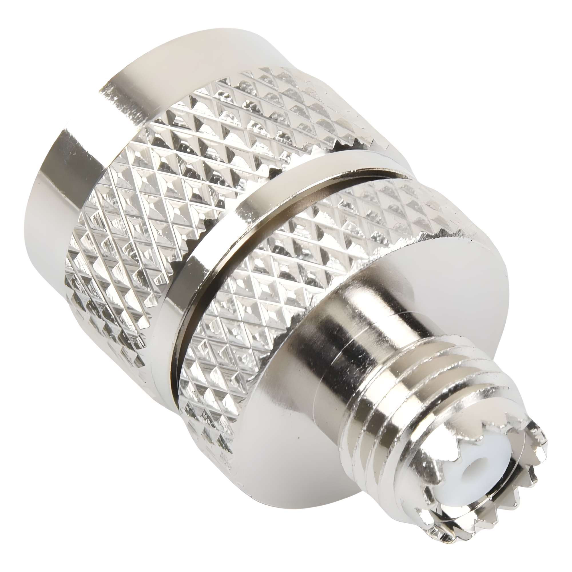 Adaptador RF / Mini UHF Hembra a UHF Macho (PL-259) / Montaje en Línea / Cuerpo Níquel / Contacto Oro / Aislante Teflón