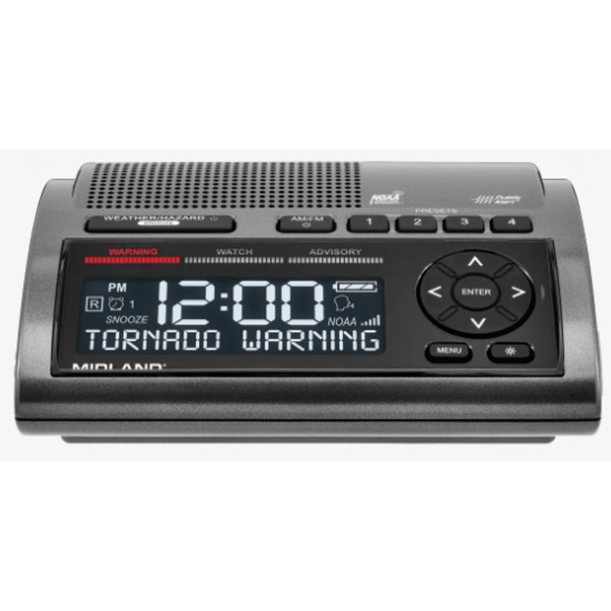 Radio de Alerta Meteorológica / 7 Canales NOAA y Environment Canada / Sirena 85 dB / 25 Ubicaciones Programables / Reloj Dual / Carga USB — MIDLAND · SKU WR400