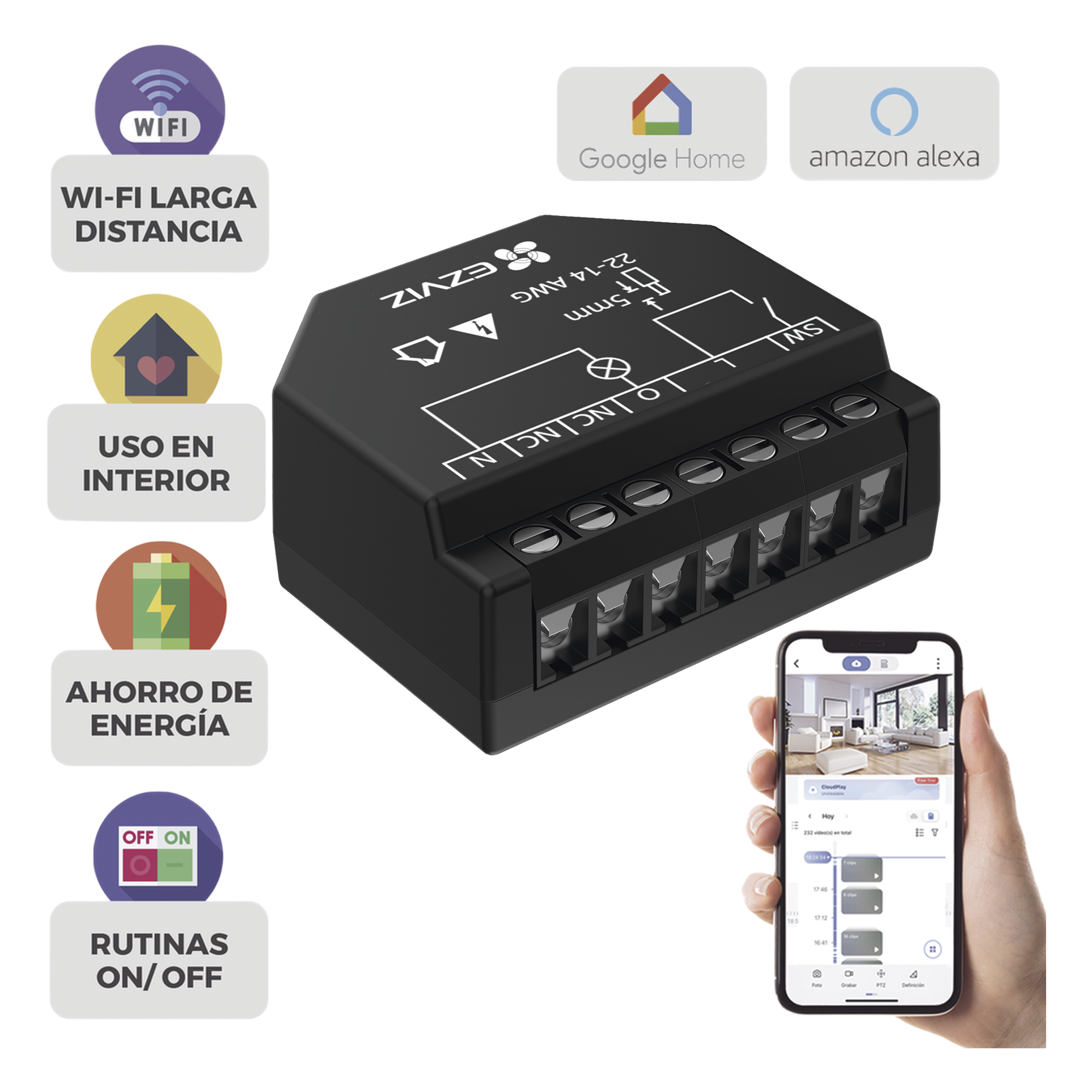 Relevador Wi-Fi Inteligente / Control de Iluminación / 1 Salida 125V / Wi-Fi 2.4 GHz / Consumo Energético / Calibre 14-22 — EZVIZ · SKU CS-T35