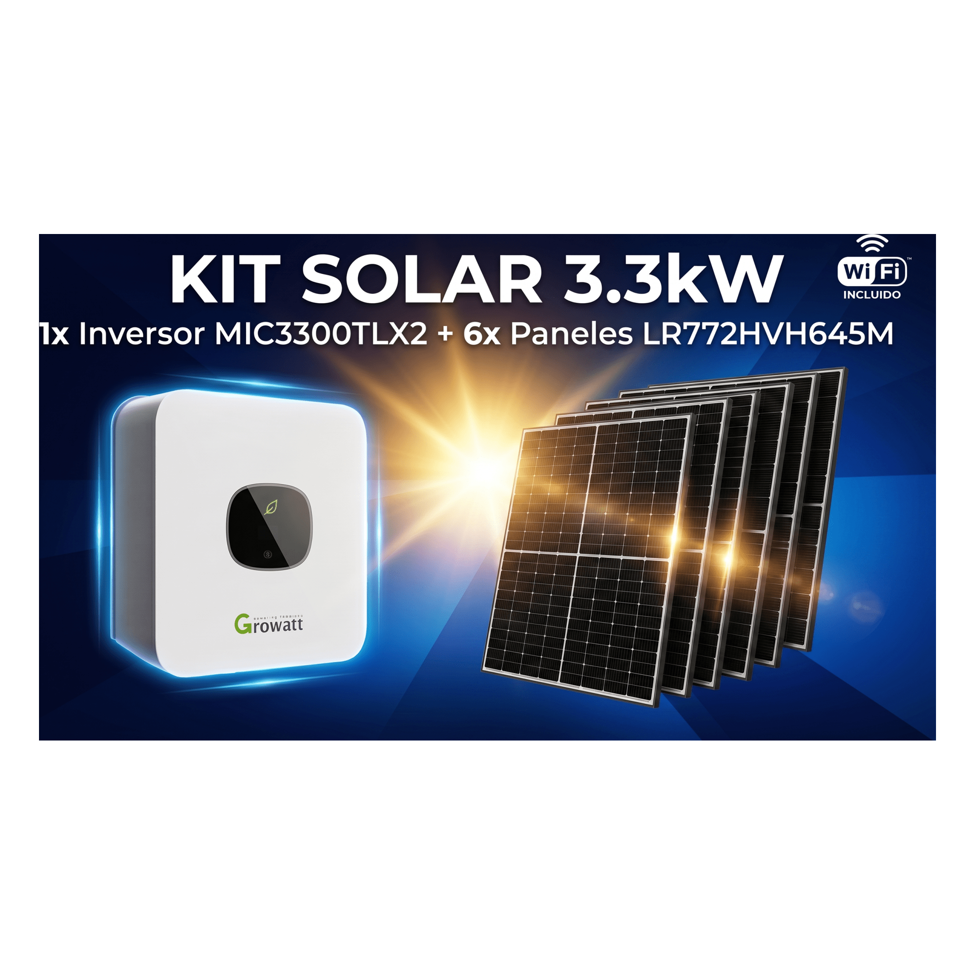 Kit Solar Interconexión / 3.3 kW / 220 Vca / 6 Módulos 645 W / Wi-Fi / Montaje Incluido — GROWATT · SKU MIC3300KIT2