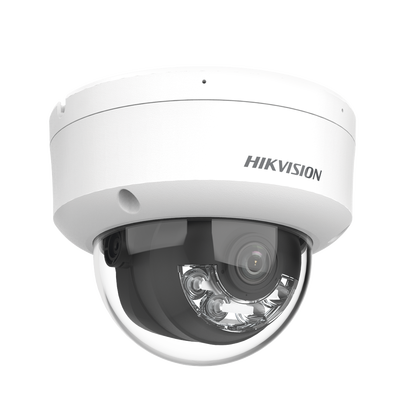 Domo IP 4 Megapixel / Lente 2.8 mm / Dual Light (30 mts IR + 30 mts Luz Blanca) / Micrófono Integrado / Antivandálico IK08 / Motion Detection 2.0 / Exterior IP67 / H.265 / PoE / ONVIF / Micro SD