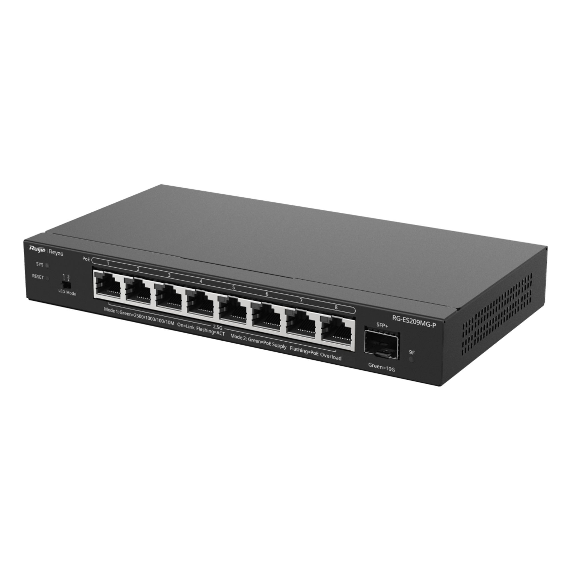 Switch Administrable Capa 2 PoE+ / 8 puertos 2.5Gb / 1 SFP+ 10Gb / 130W PoE / 60Gbps switching / Sin ventilador — RUIJIE · SKU RG-ES209MG-P