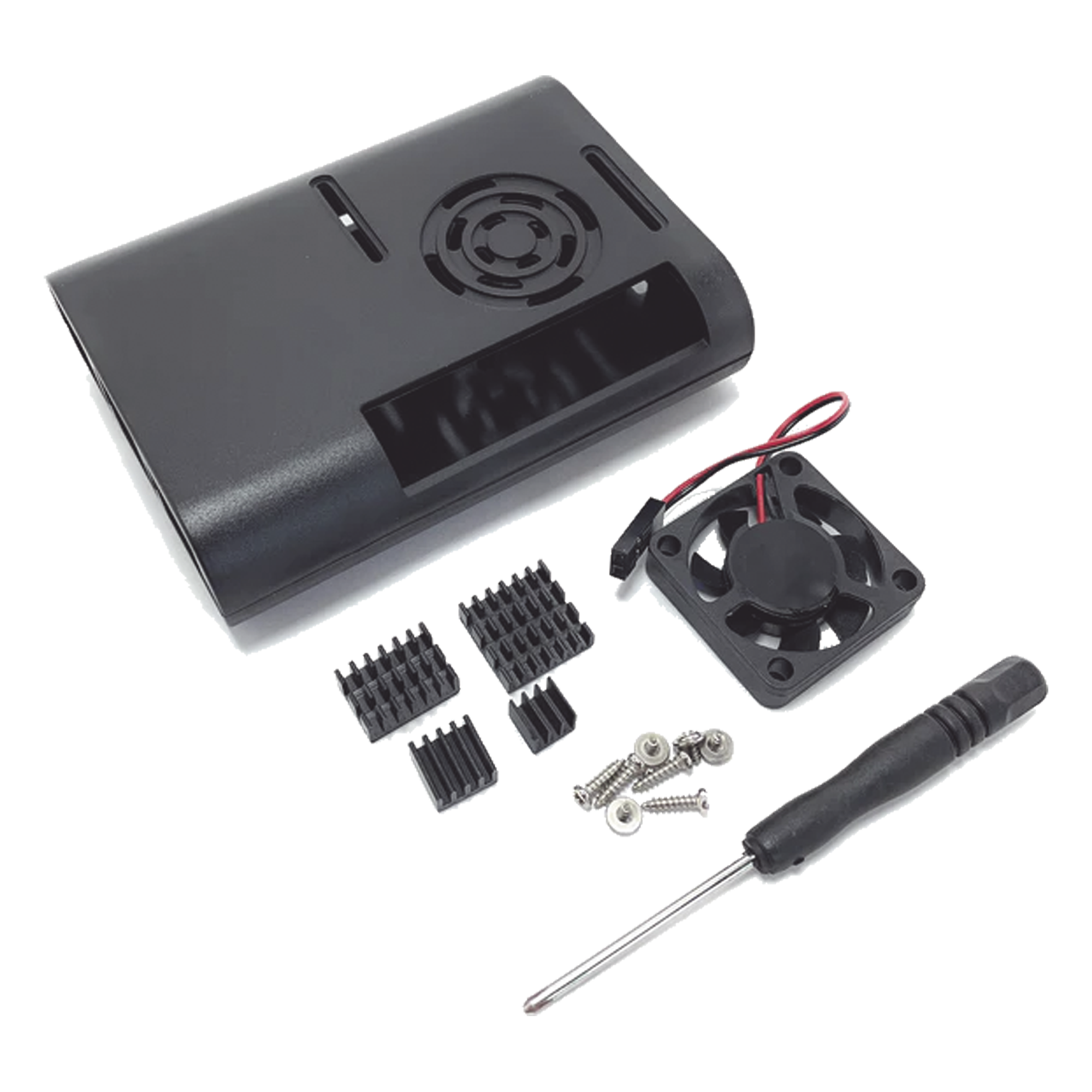 Kit Gabinete para Raspberry Pi 4 / Plástico ABS / Ventilador 30.4 mm / 3 Disipadores Aluminio / Herramientas Incluidas — RASPBERRY PI · SKU IC-00073