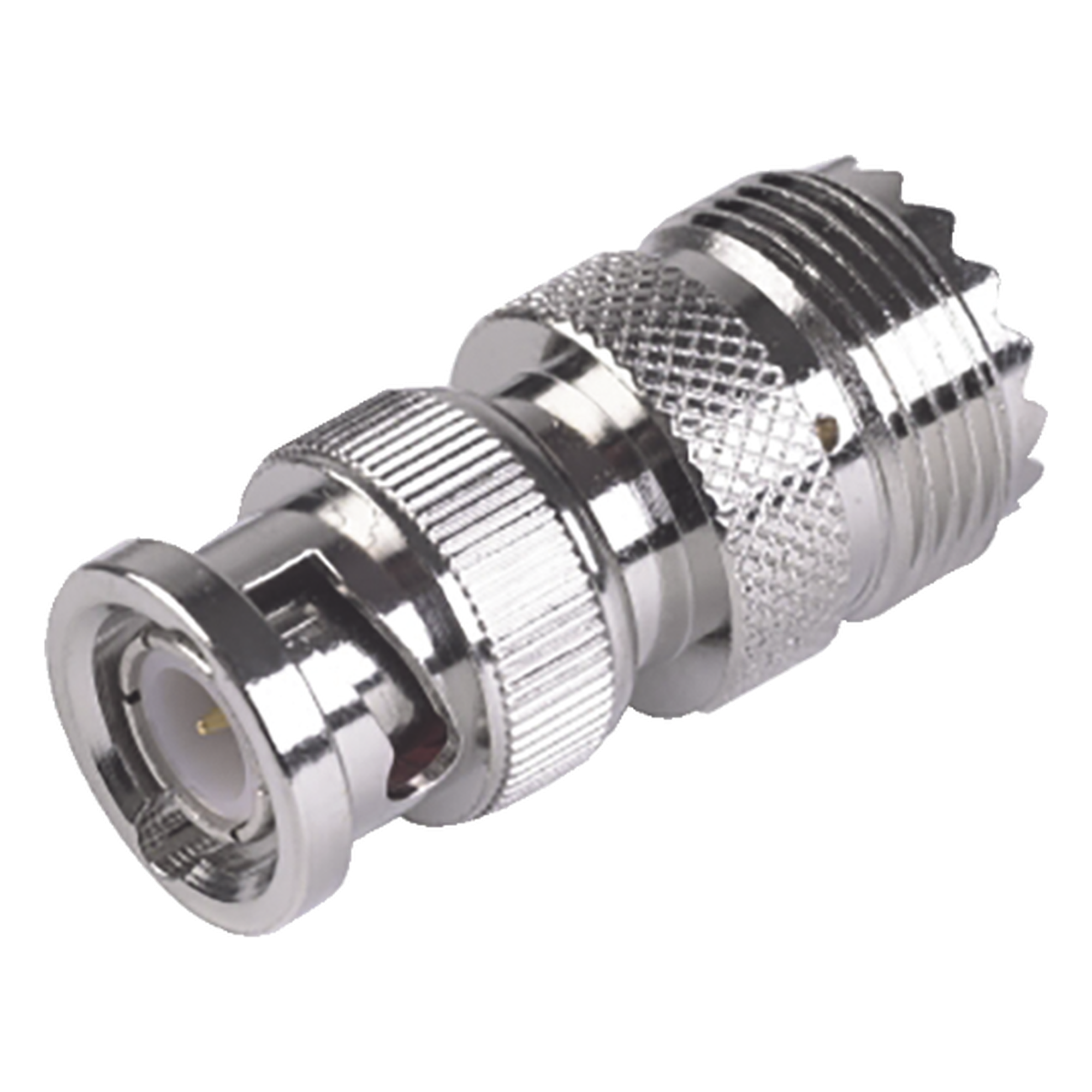 Adaptador RF en Línea / 50 Ohm / BNC Macho a UHF Hembra SO-239 / Cuerpo Níquel / Contacto Oro / Aislante Delrin