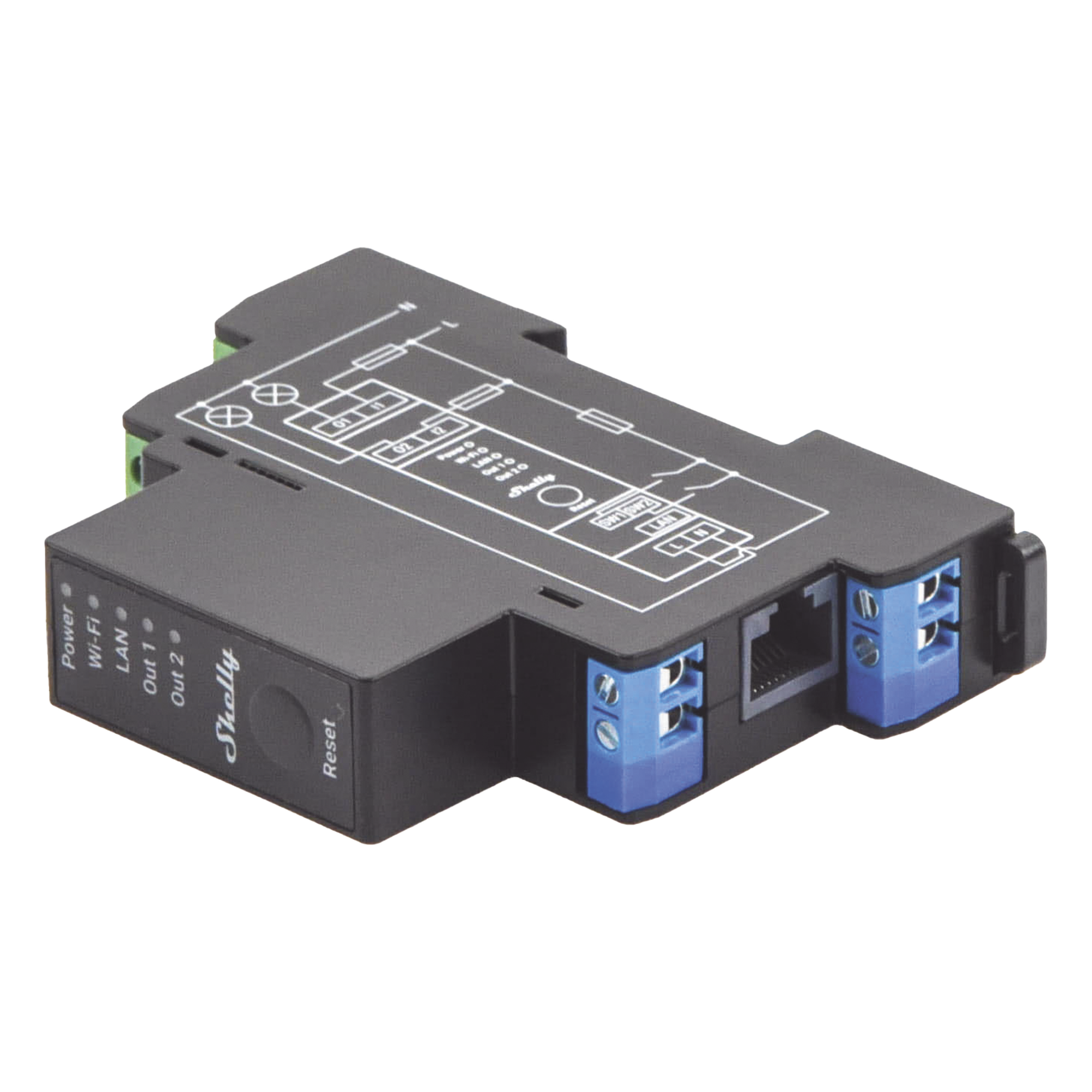 Relevador Inteligente / 2 Canales / 16 A por Canal / Wi-Fi 2.4 GHz / Bluetooth / Ethernet / Medición de Consumo AC / Montaje Riel DIN — SHELLY · SKU SHELLYPRO2PM