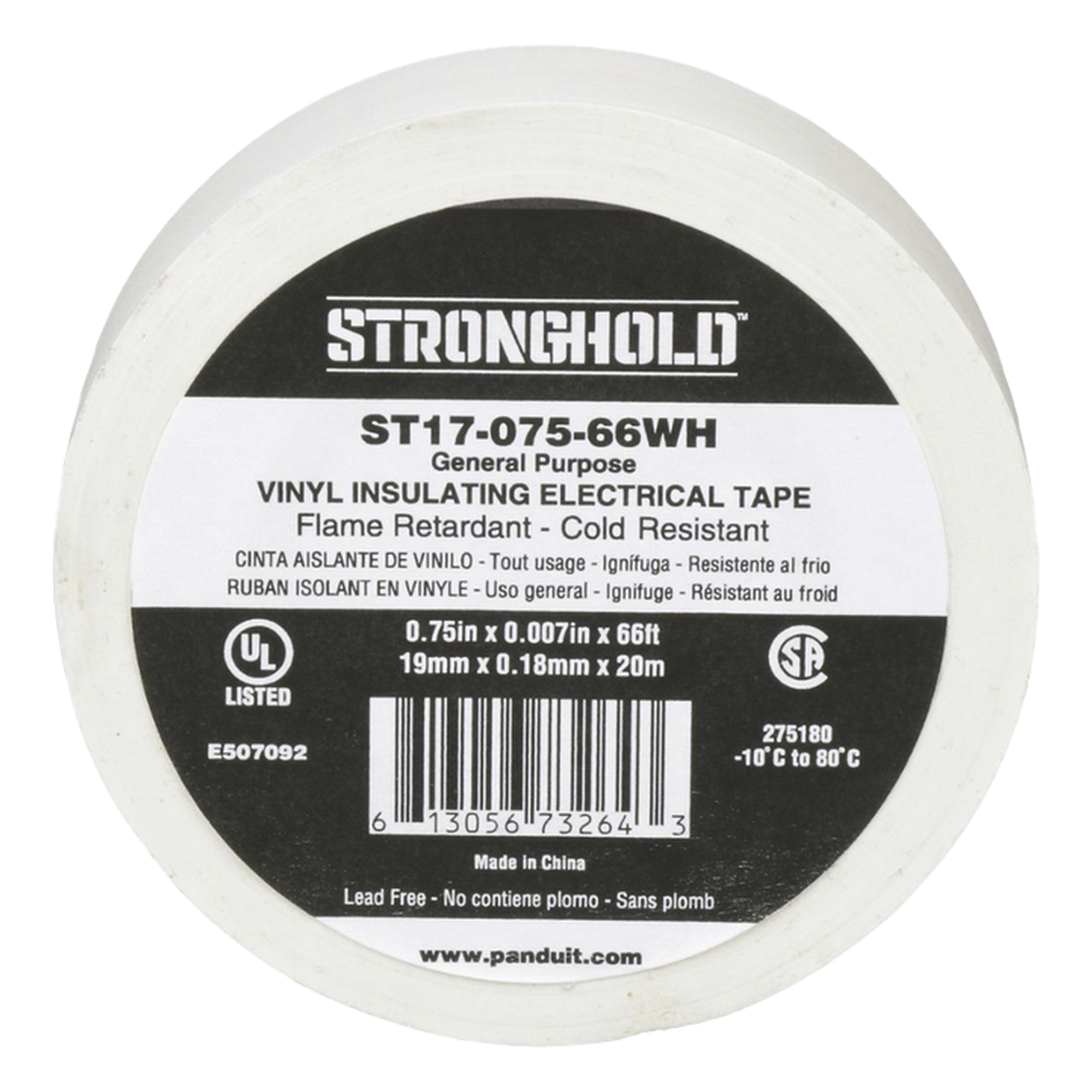 Cinta Aislante Eléctrica / PVC 0.18 mm / 19 mm x 20.12 m (66 ft) / 600V / UL 510 / -10°C a 80°C / Interior-Exterior — PANDUIT · SKU ST17-075-66WH
