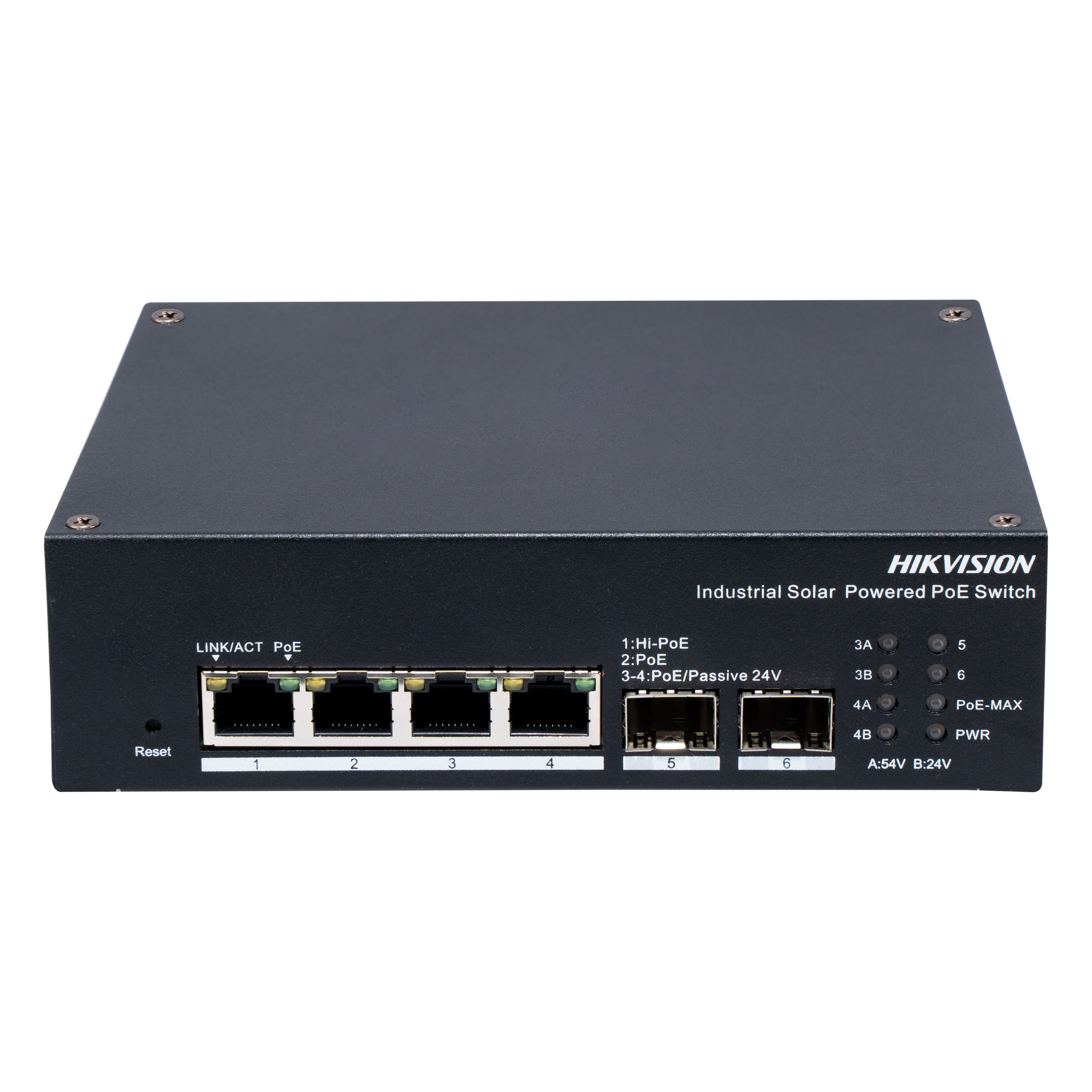 Switch Industrial Administrable / 4 Puertos PoE Gigabit / 1 PoE++ 90W + 3 PoE+ 30W / 2 SFP / 120W Total / 300 m (984 pies) / -40°C a 75°C — HIKVISION · SKU DS-3T1506HP-EI-UPS